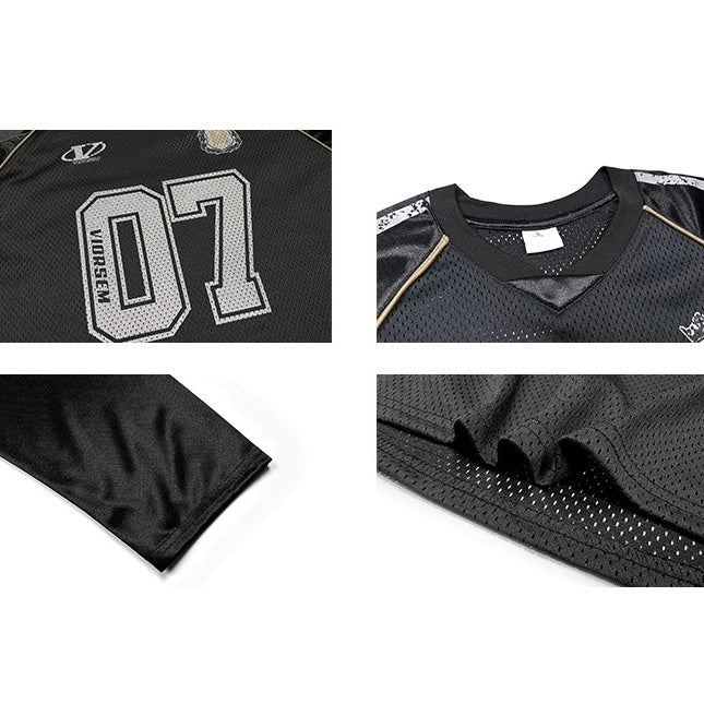 Letter Print V-Neck Mesh Long Sleeve T-Shirt MW10255
