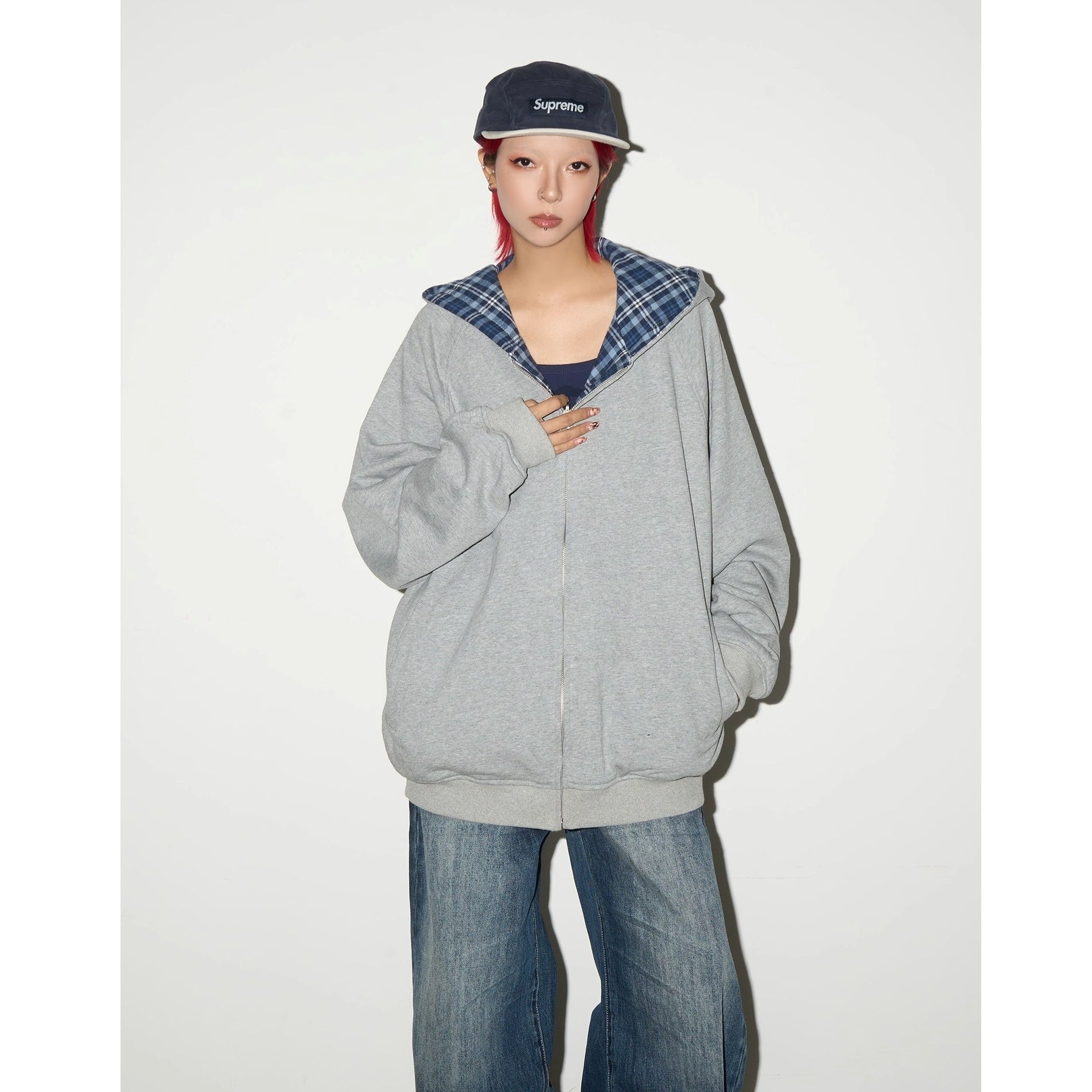 Reversible Plaid Hooded Sweat Jacket MN9040