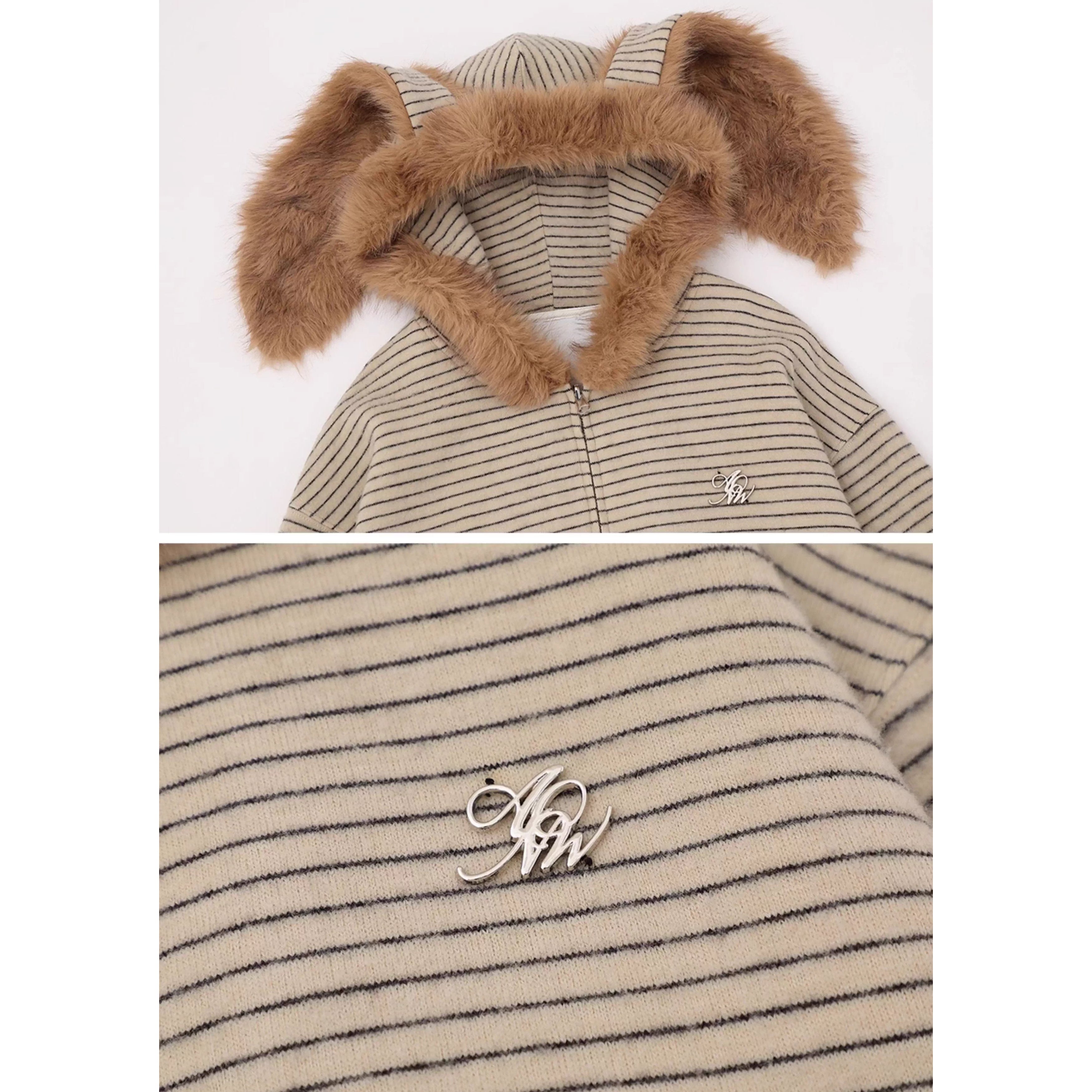 Fur Collar Rabbit Ear Border Zip Hooded Parka MW10293