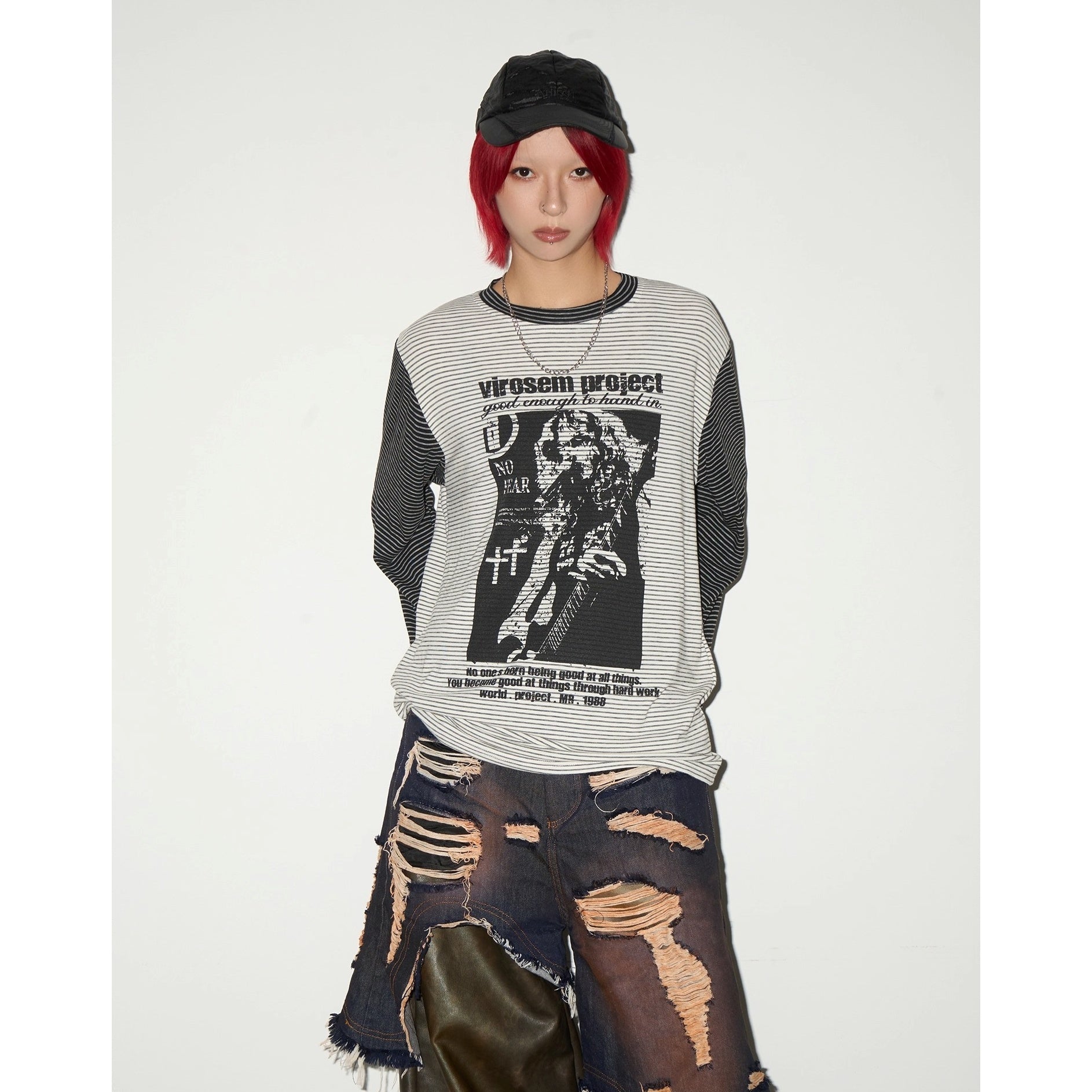 Character Print Patchwork Border Long Sleeve T-shirt MN9030