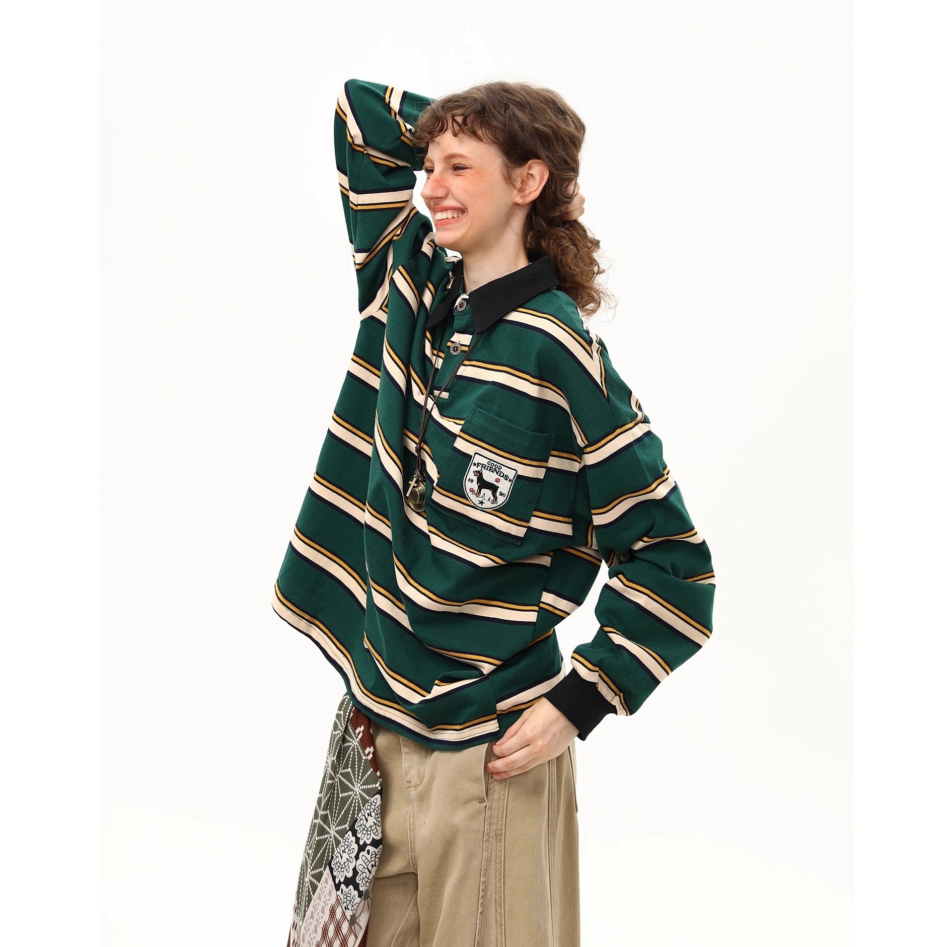 Preppy Style Border Long Sleeve Polo Shirt MW10251