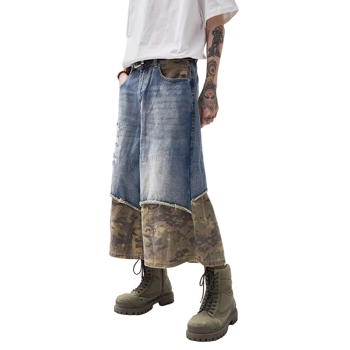 Stitching Camouflage Loose Denim Half Pants MW10218