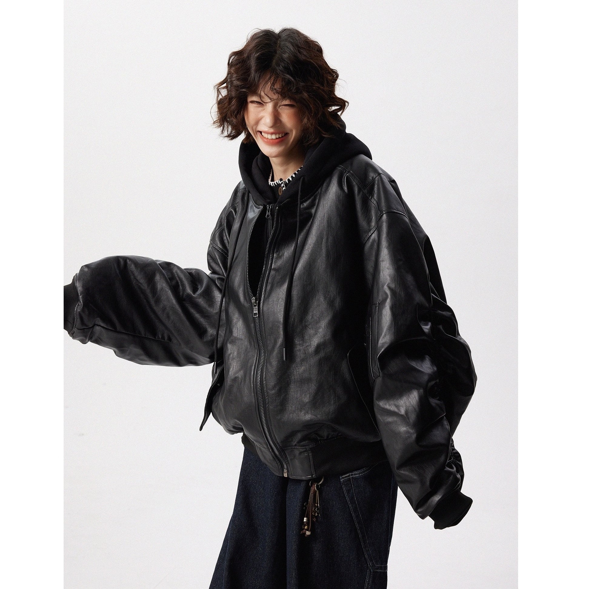 Fake Layered Design Hooded PU Leather Jacket MW10297