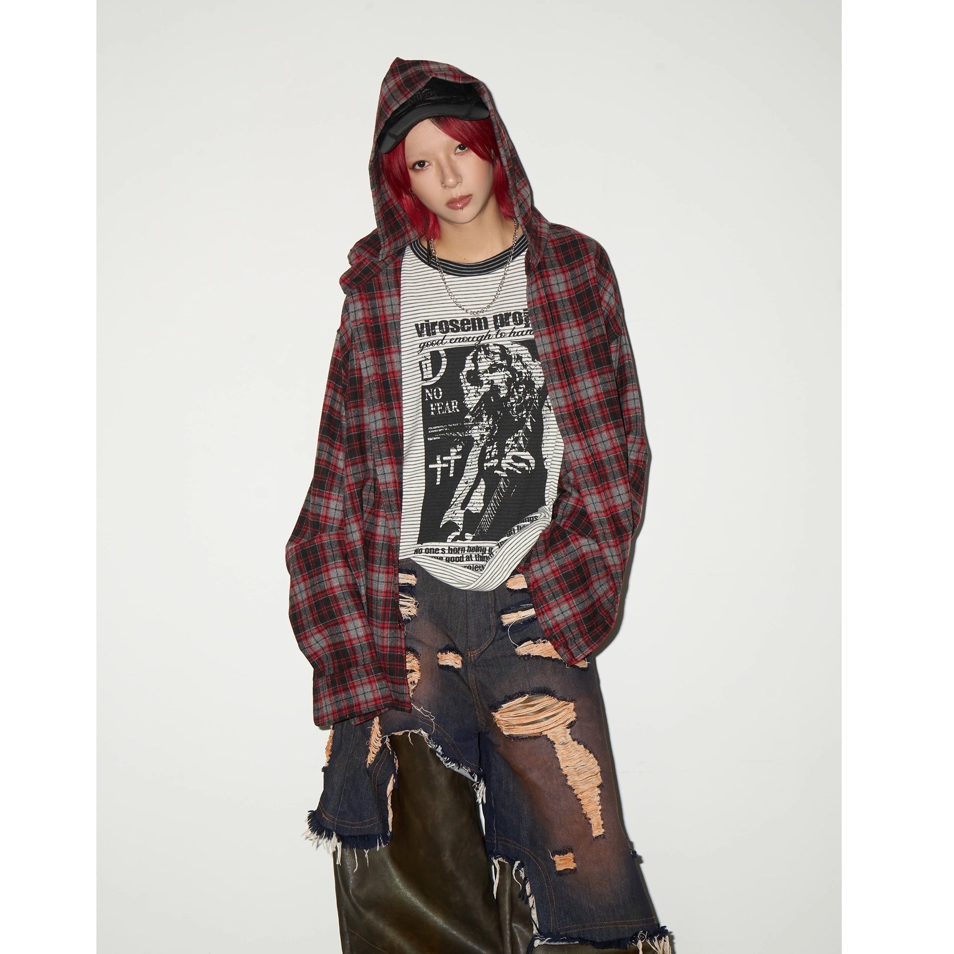 Plaid Long-sleeved Hooded Shirt MN9034