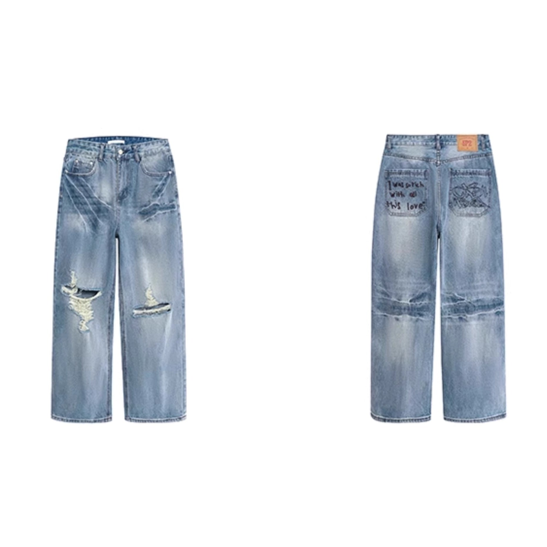 Retro Washed Embroidered Ripped Wide Jeans VI2007