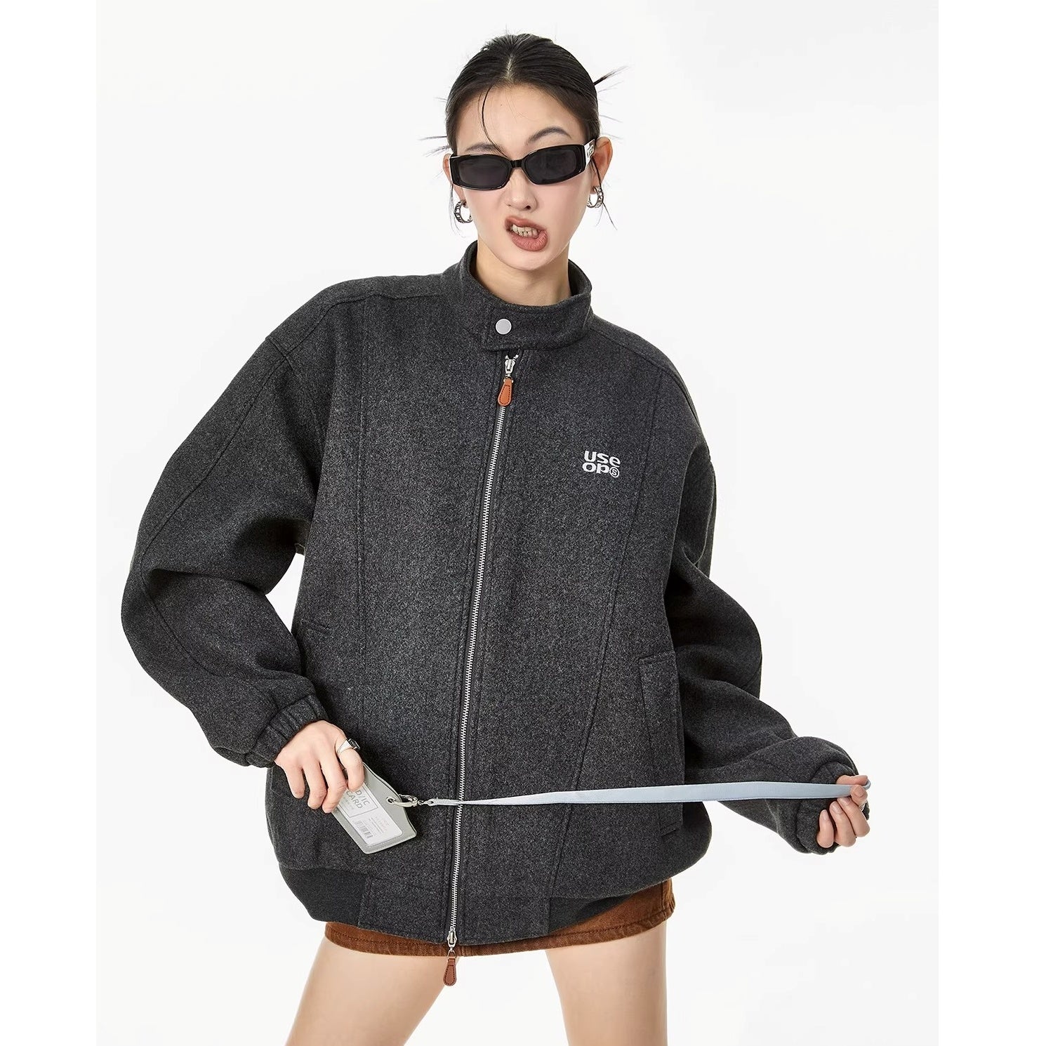 Embroidered Stand Collar Zip Jacket IC9119