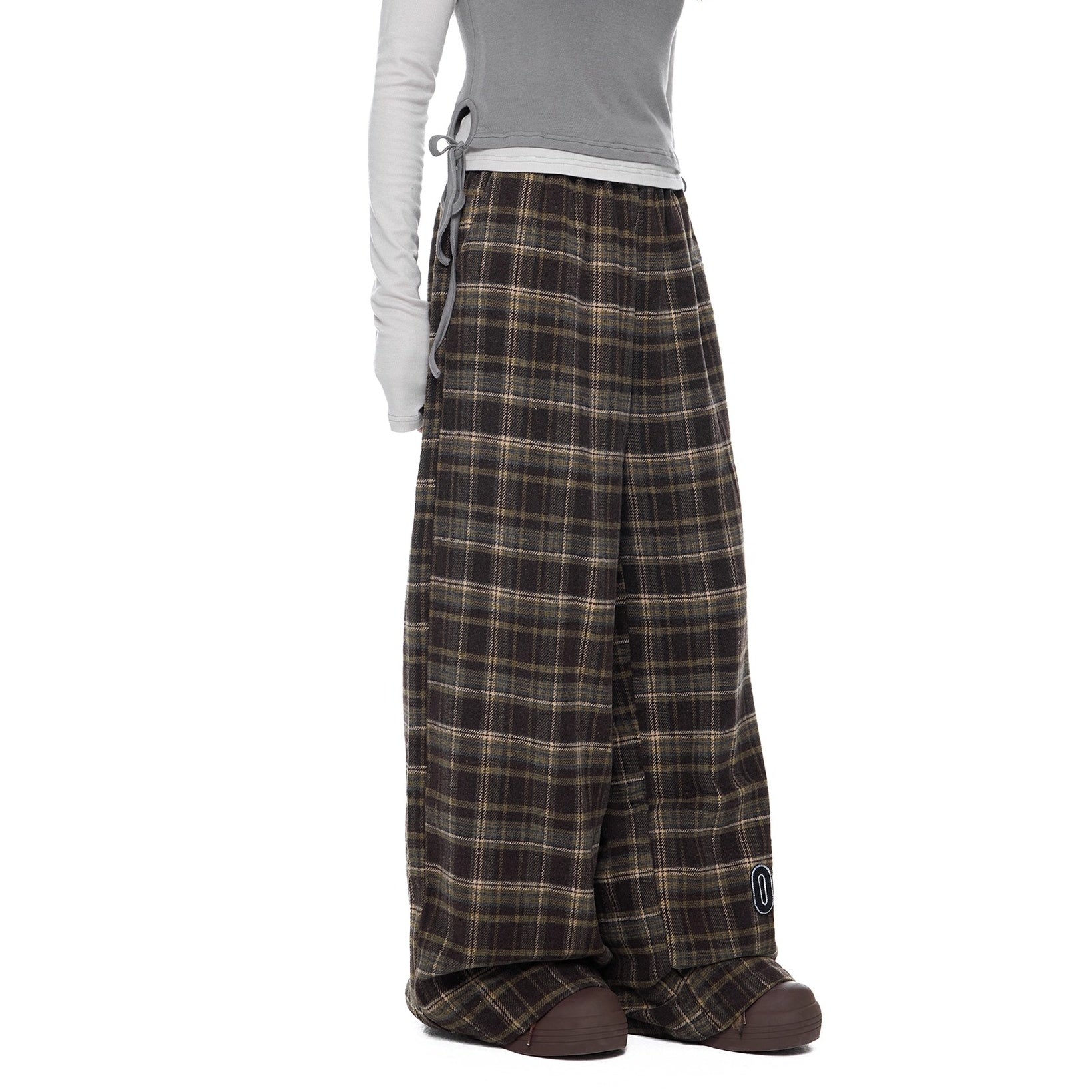 Appliqué Retro Plaid Wide Pants EZ269