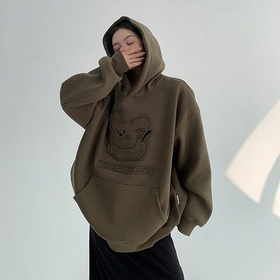 Retro Patch Embroidery Cartoon Plush Hoodie OS2070