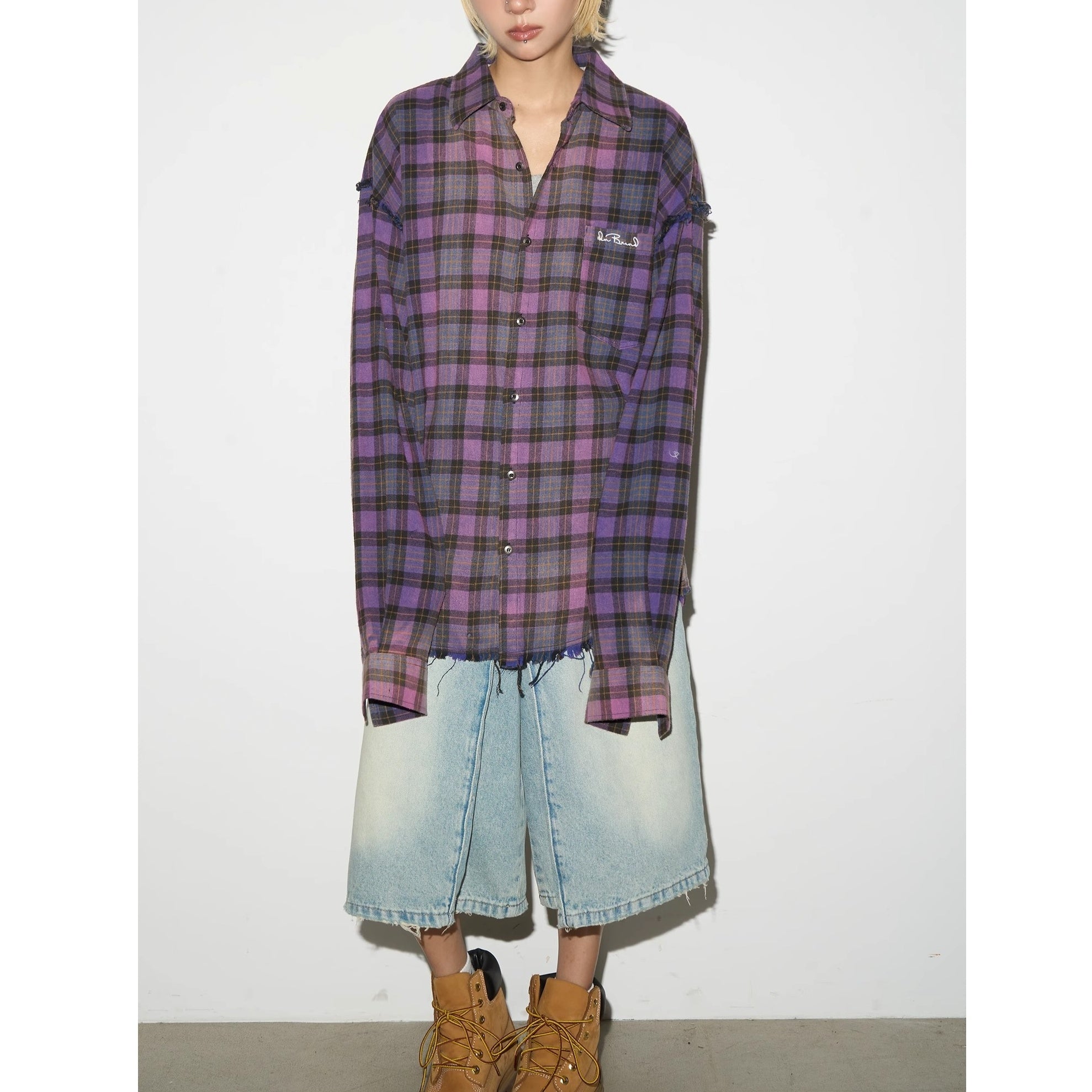 Washed Distressed Plaid Long-sleeved Shirt MN9035