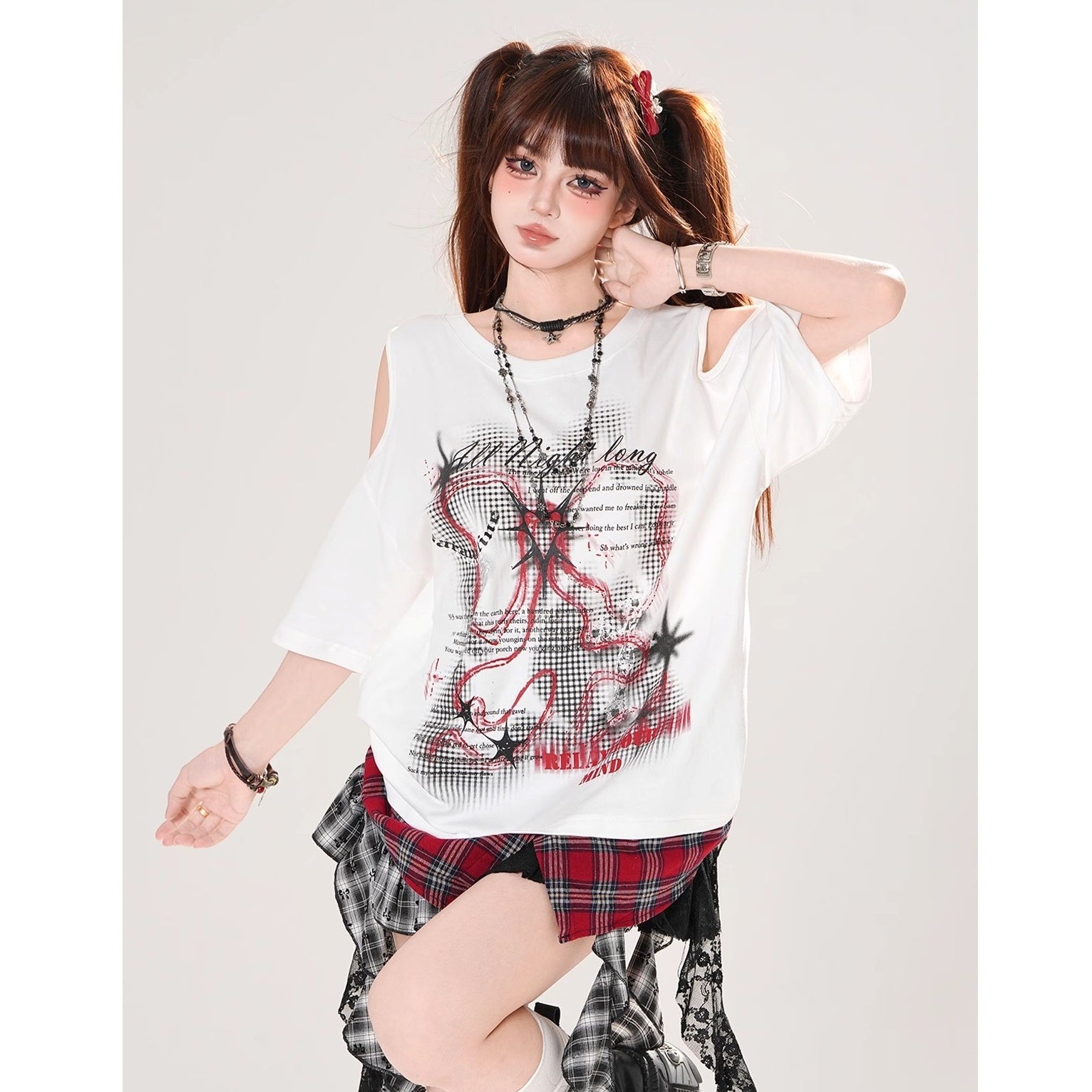 Cut-out Illusion Plaid Print T-Shirt KK2072