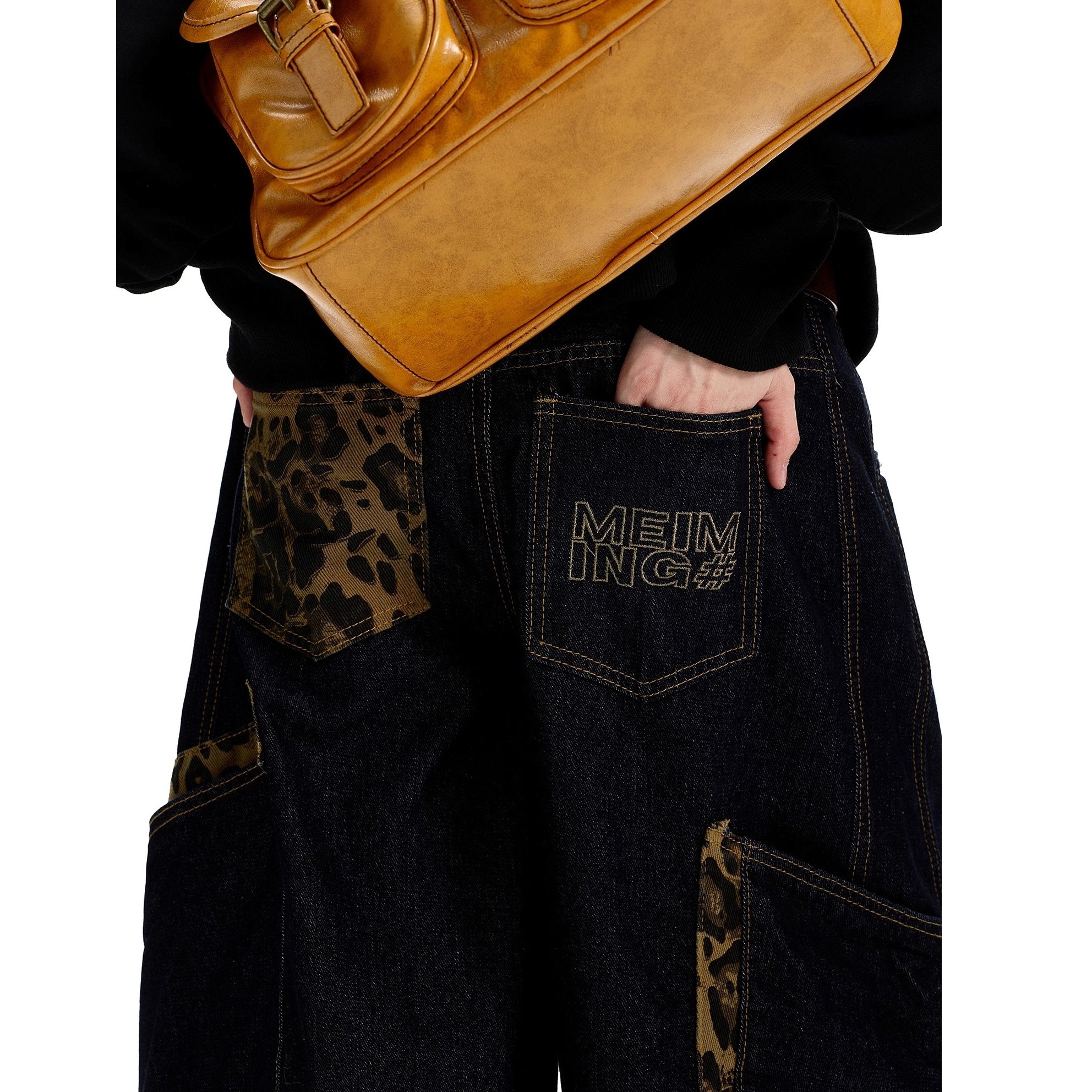 Leopard Print Stitching Large Pocket Design Curve Jeans MW10300