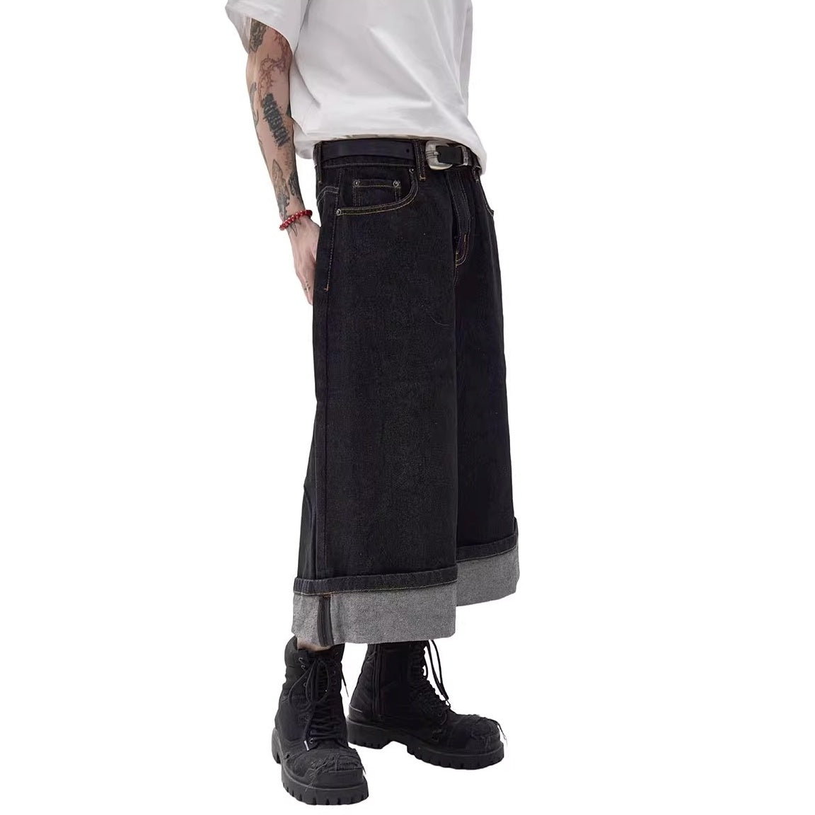 Turned-up Wide-leg Denim Half Pants MW10216