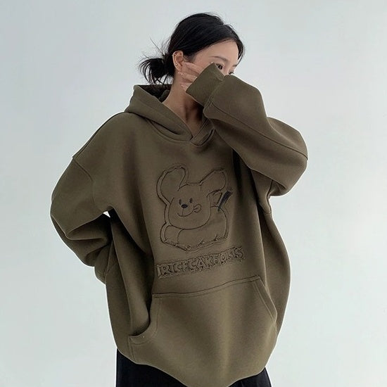 Retro Patch Embroidery Cartoon Plush Hoodie OS2070