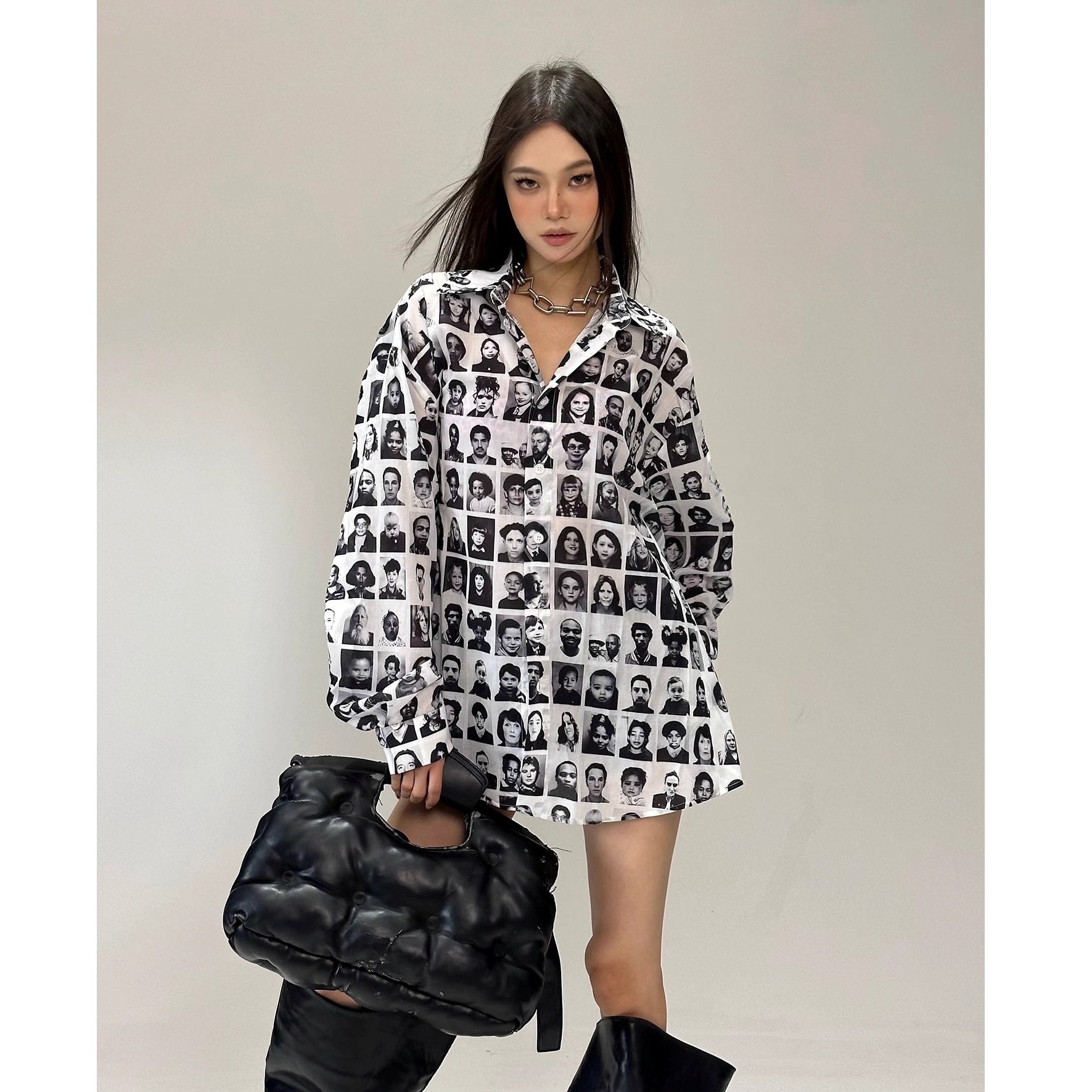 Full Of Printed Face Loose Long-sleeved Shirt CC1003
