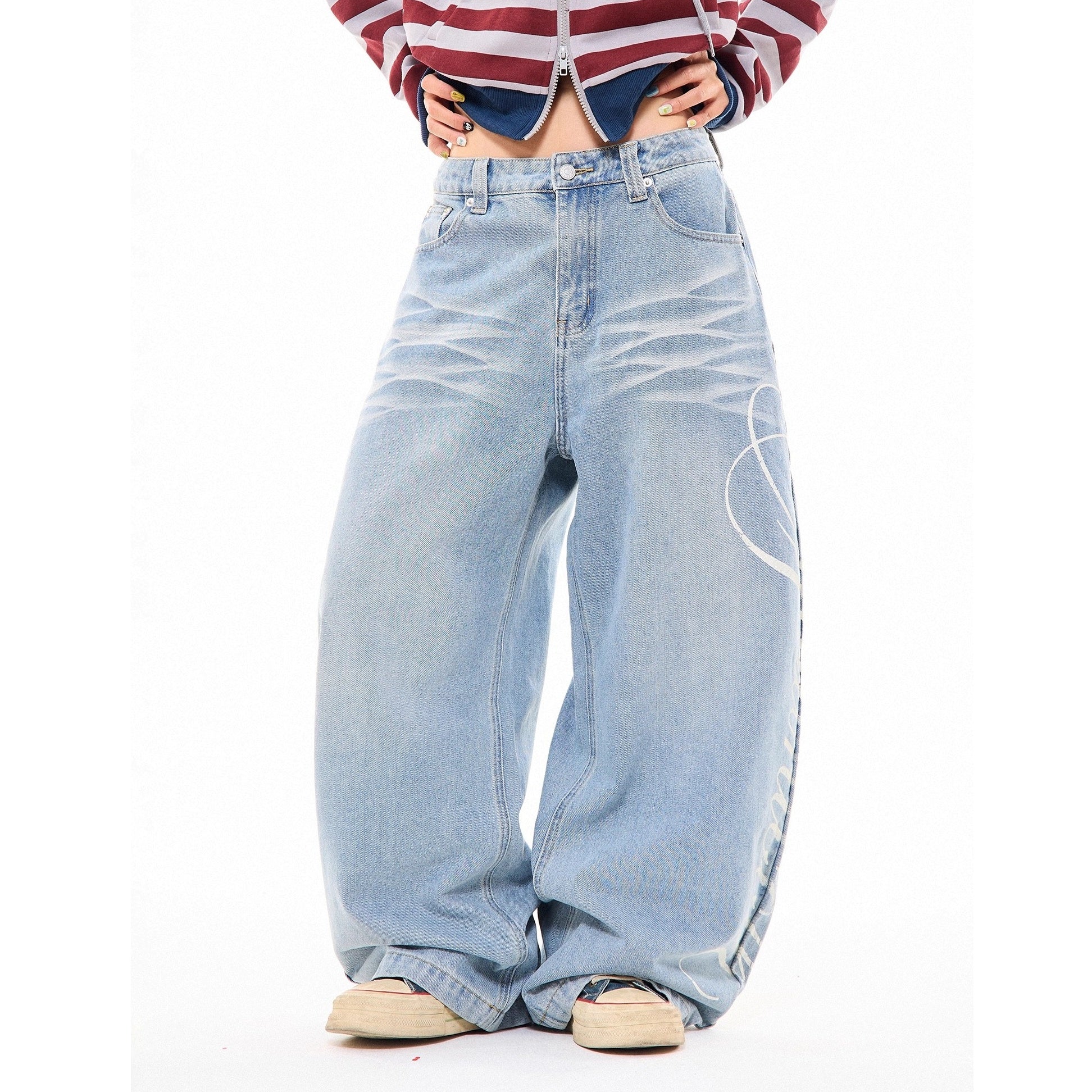 Side Print Washed Cat Whiskers Curve Jeans MW10259