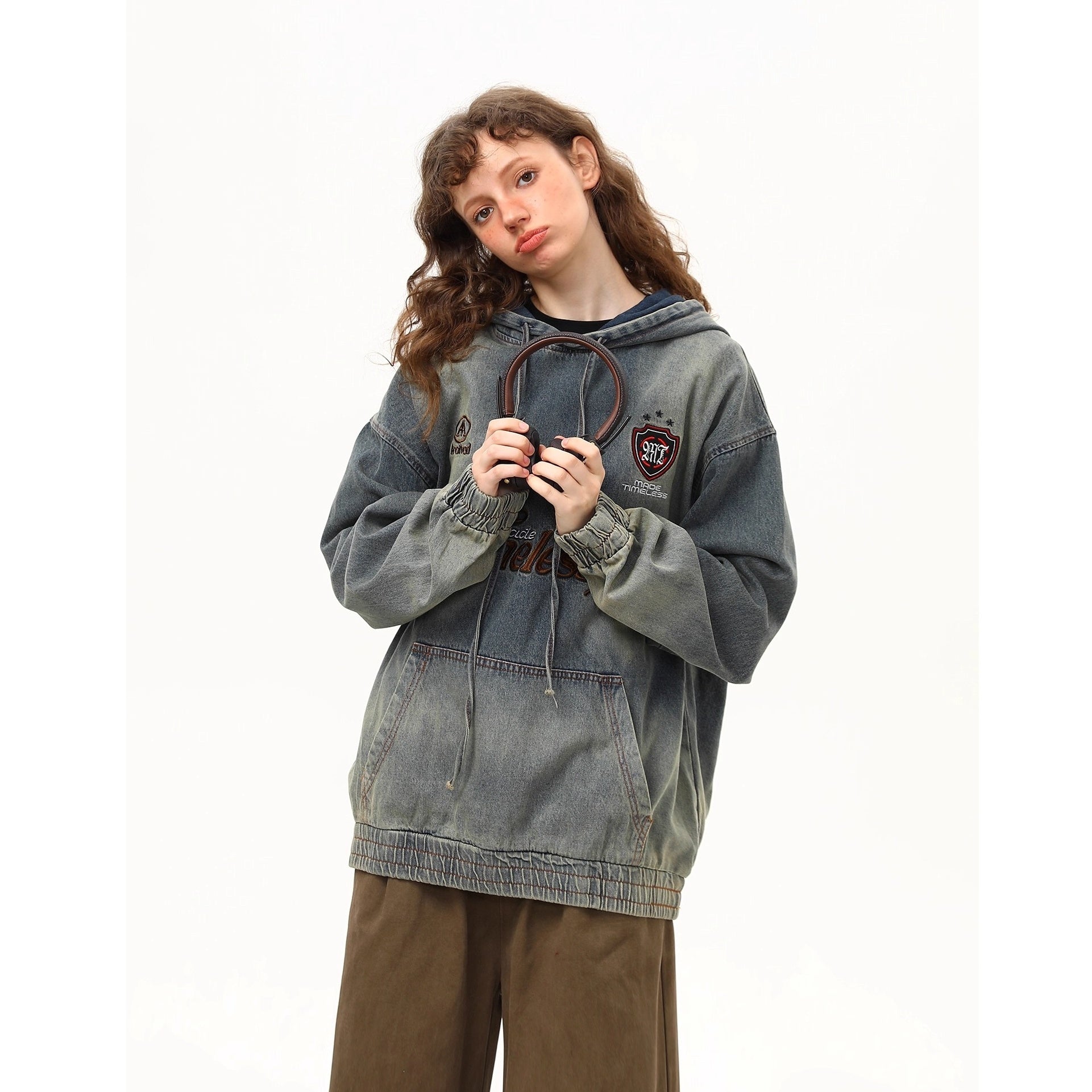 Vintage Embroidery Washed Denim Hoodie MW10261
