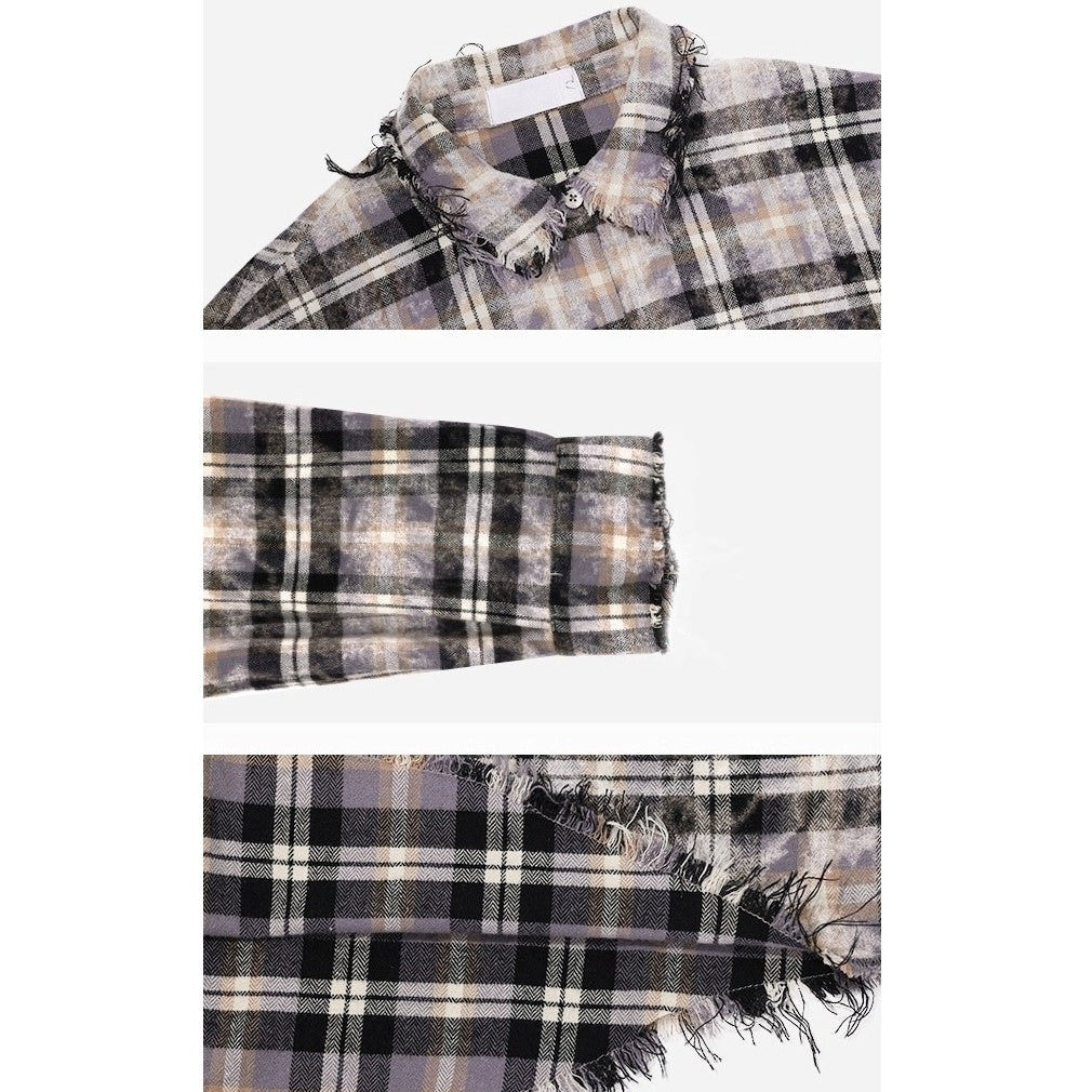 Plaid Frayed Brushed Loose Fringe Shirt AC7151