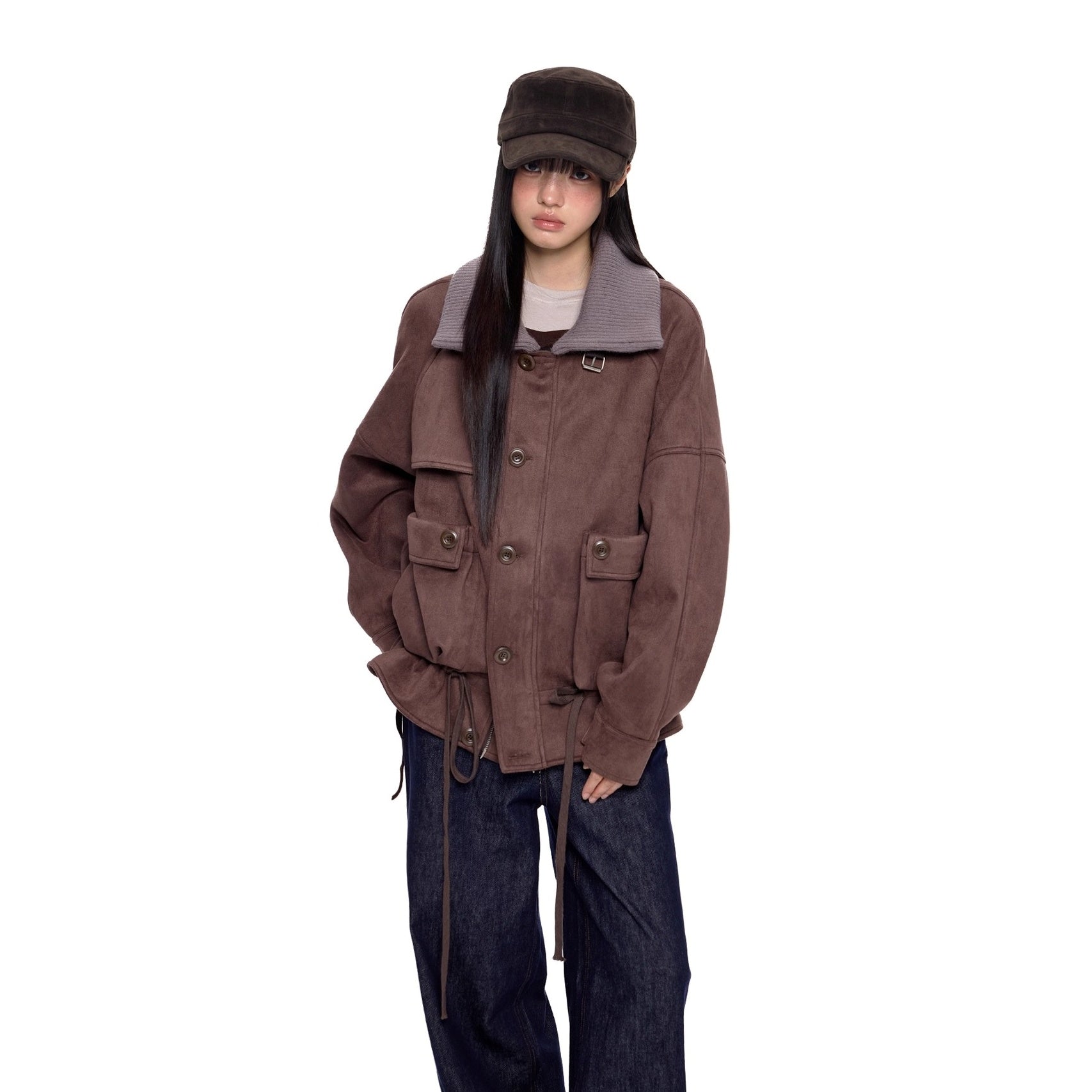 Knitted High Neck Drawstring Faux Suede Jacket EZ252