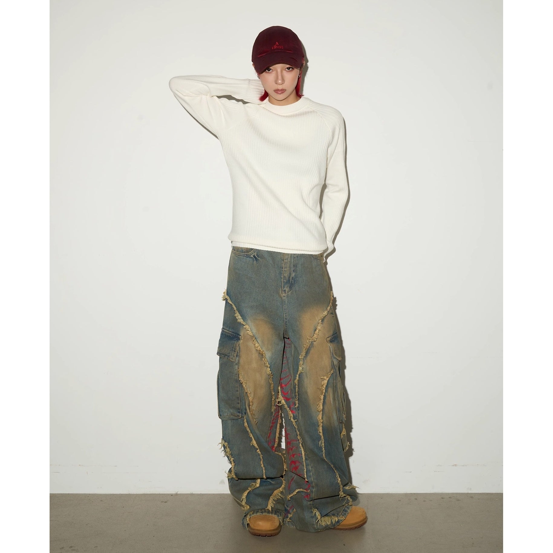 Pigment Print Raw Edge Wide Cargo Jeans MN9047