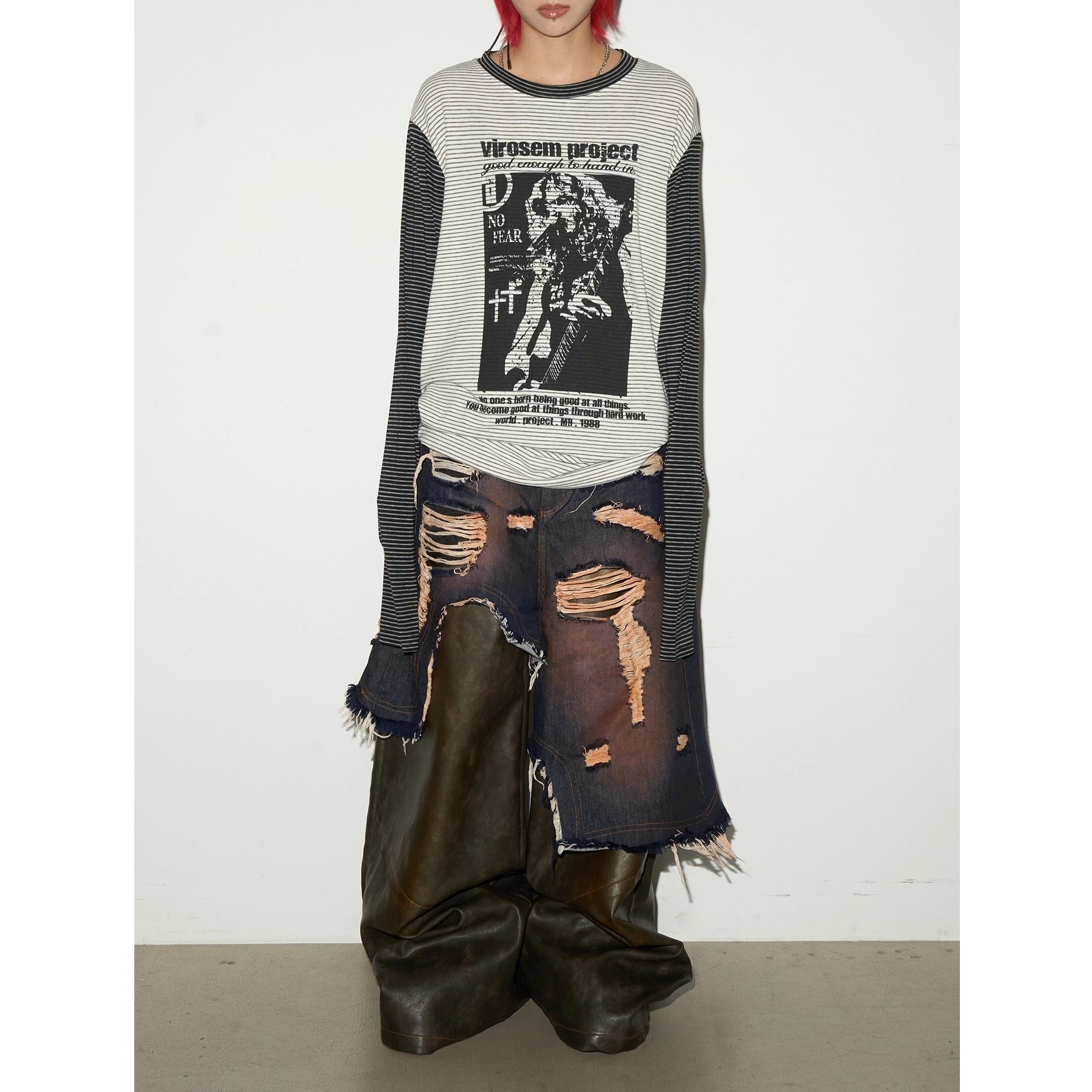 Wide-leg Spliced Leather Denim Pants MN9028