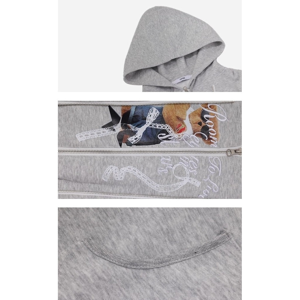 Fake Layered Bear Letter Embroidery Hooded Jacket AC7135