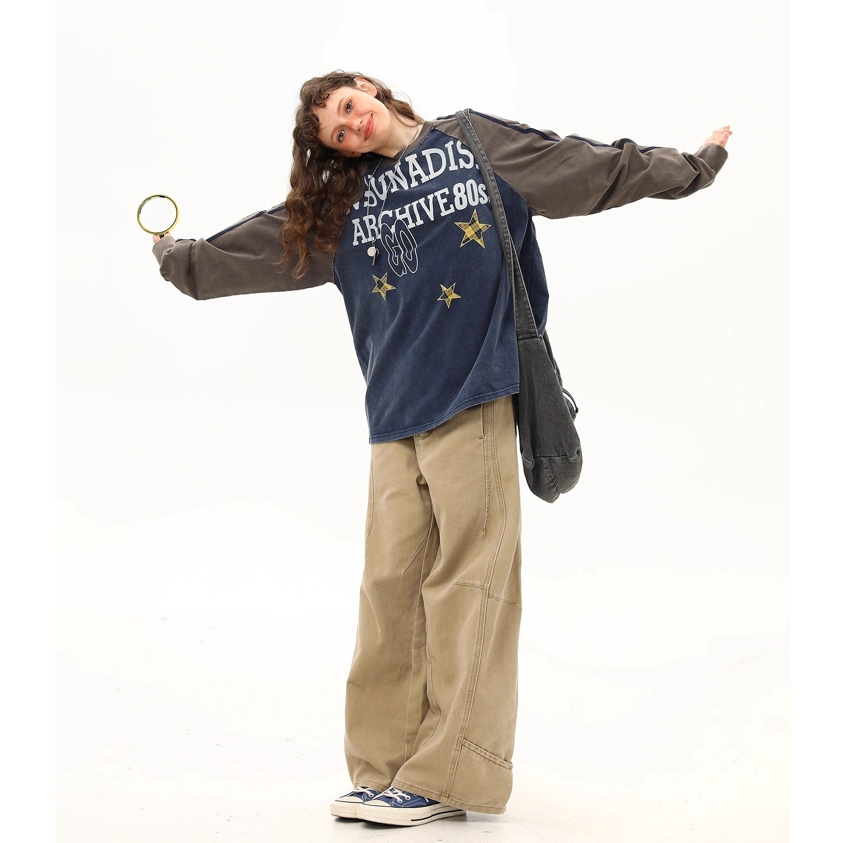 Retro Washed  Raglan Long Sleeve Print T-shirt MW10250