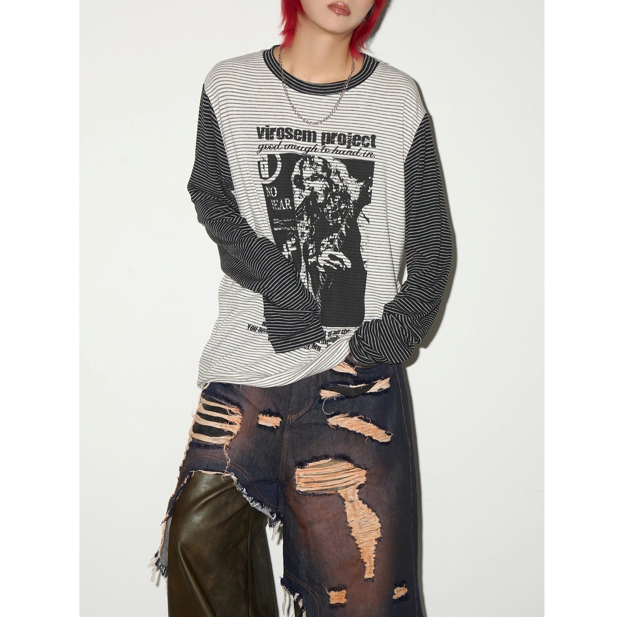 Character Print Patchwork Border Long Sleeve T-shirt MN9030
