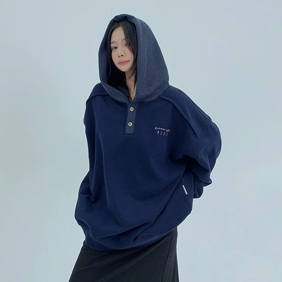 Knit Patchwork Design Oversize Hoodie OS2066