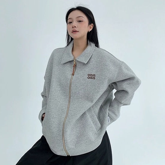 Drop Shoulder Embroidered Lapel Sweat Jacket OS2040