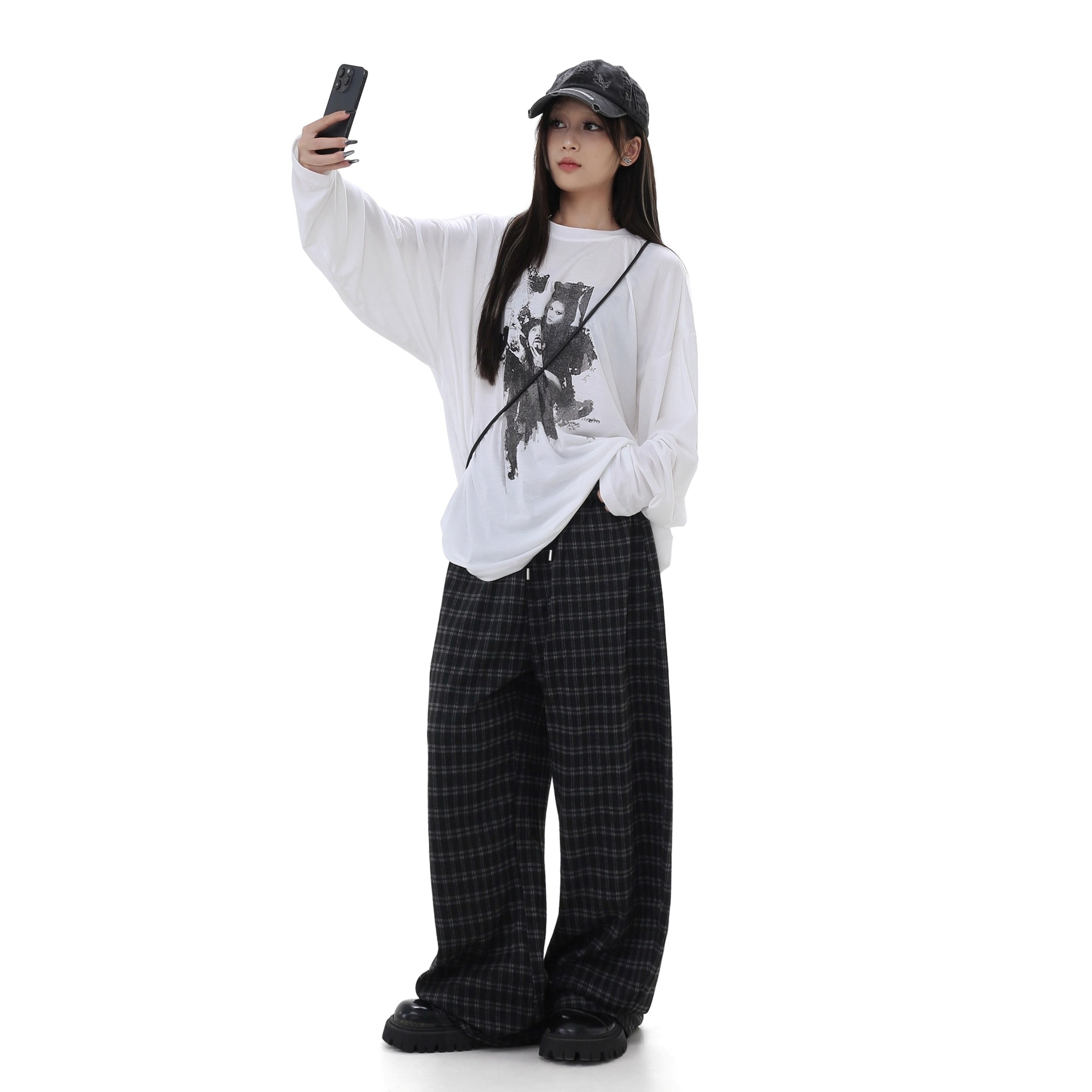 Elastic Waist Plaid Wide-leg Pants GB7038