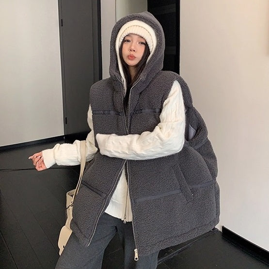 Loose Hooded Boa Padded Vest OS2073