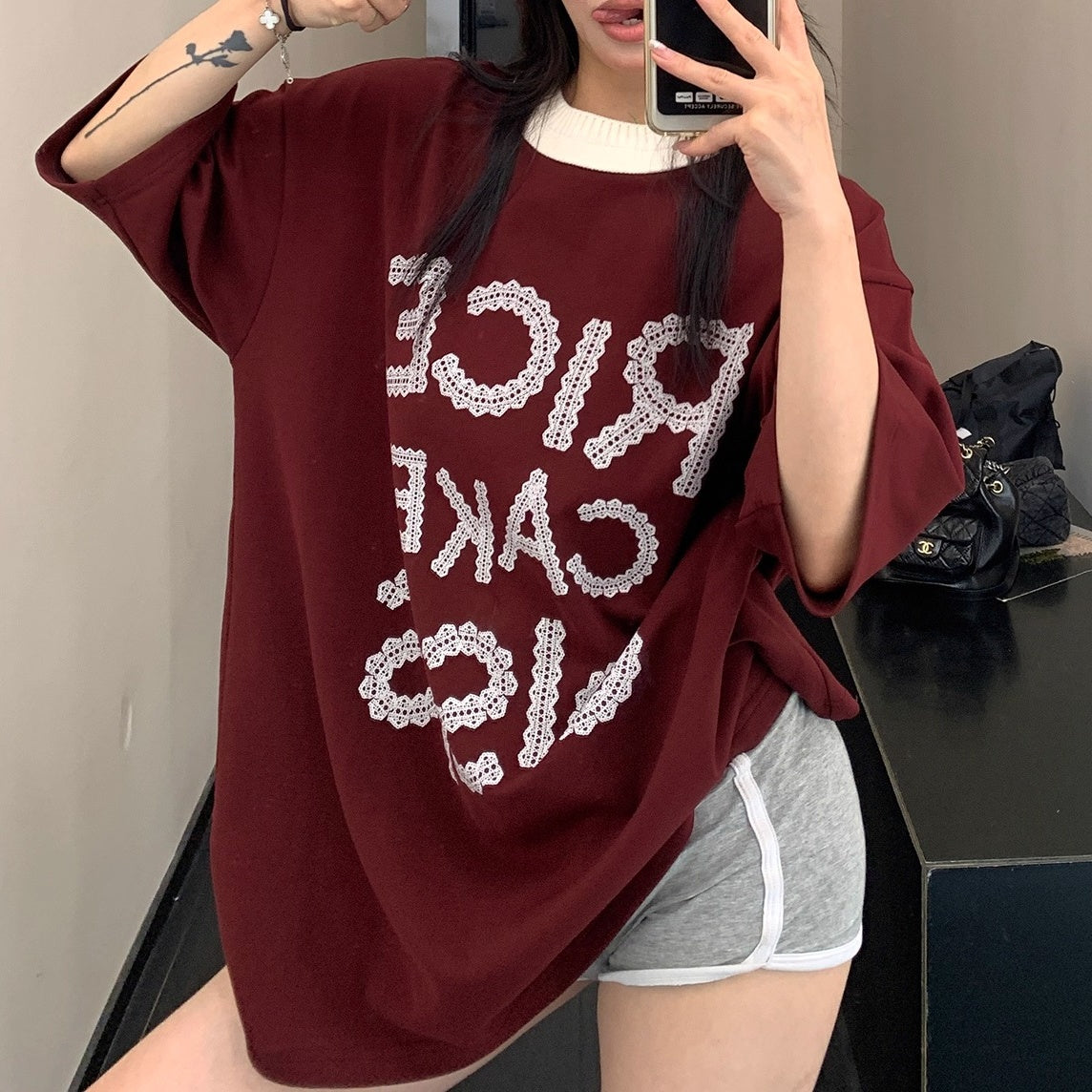 Lace Letter Loose Ringer T-shirt OS2001