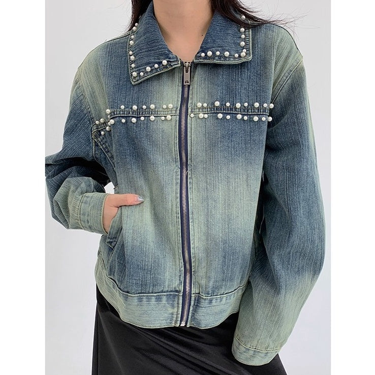Pearl Bead Short Denim Jacket OS2030