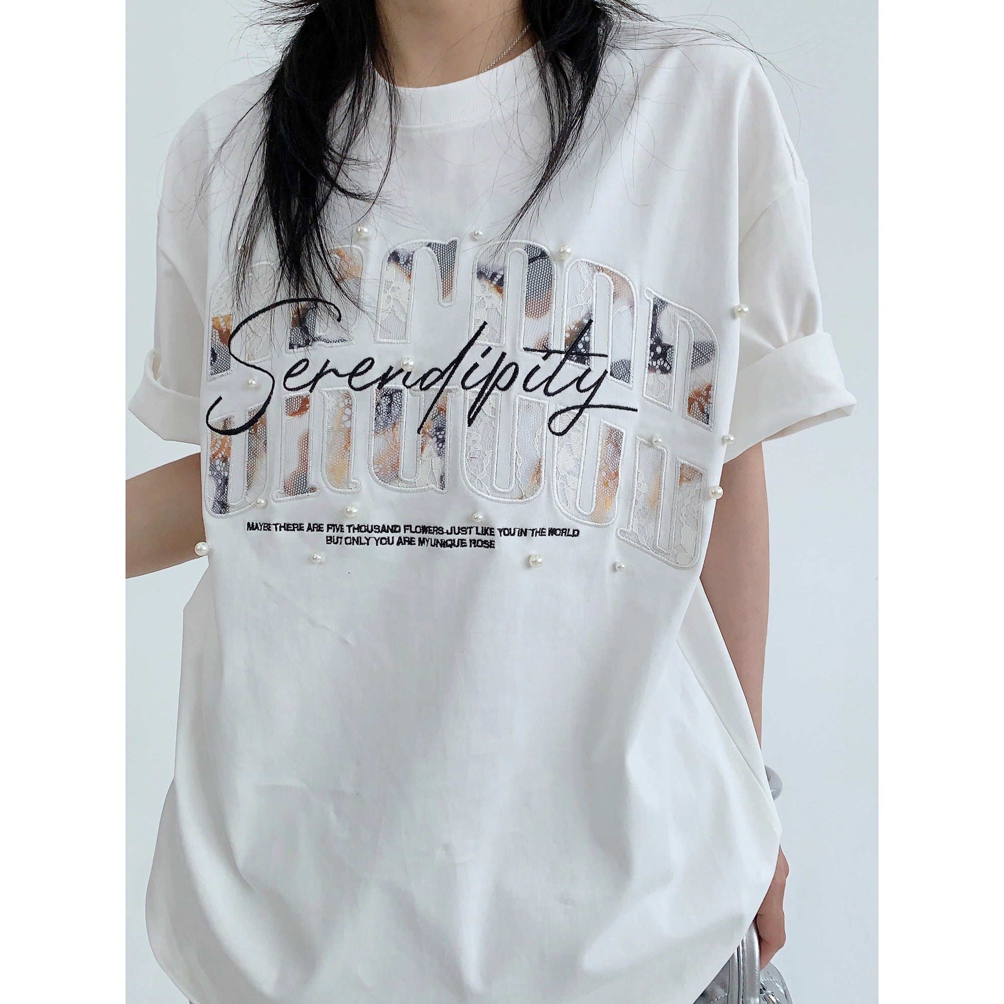 Lace Patch Embroidery Bead Relaxation T-shirt OS2016