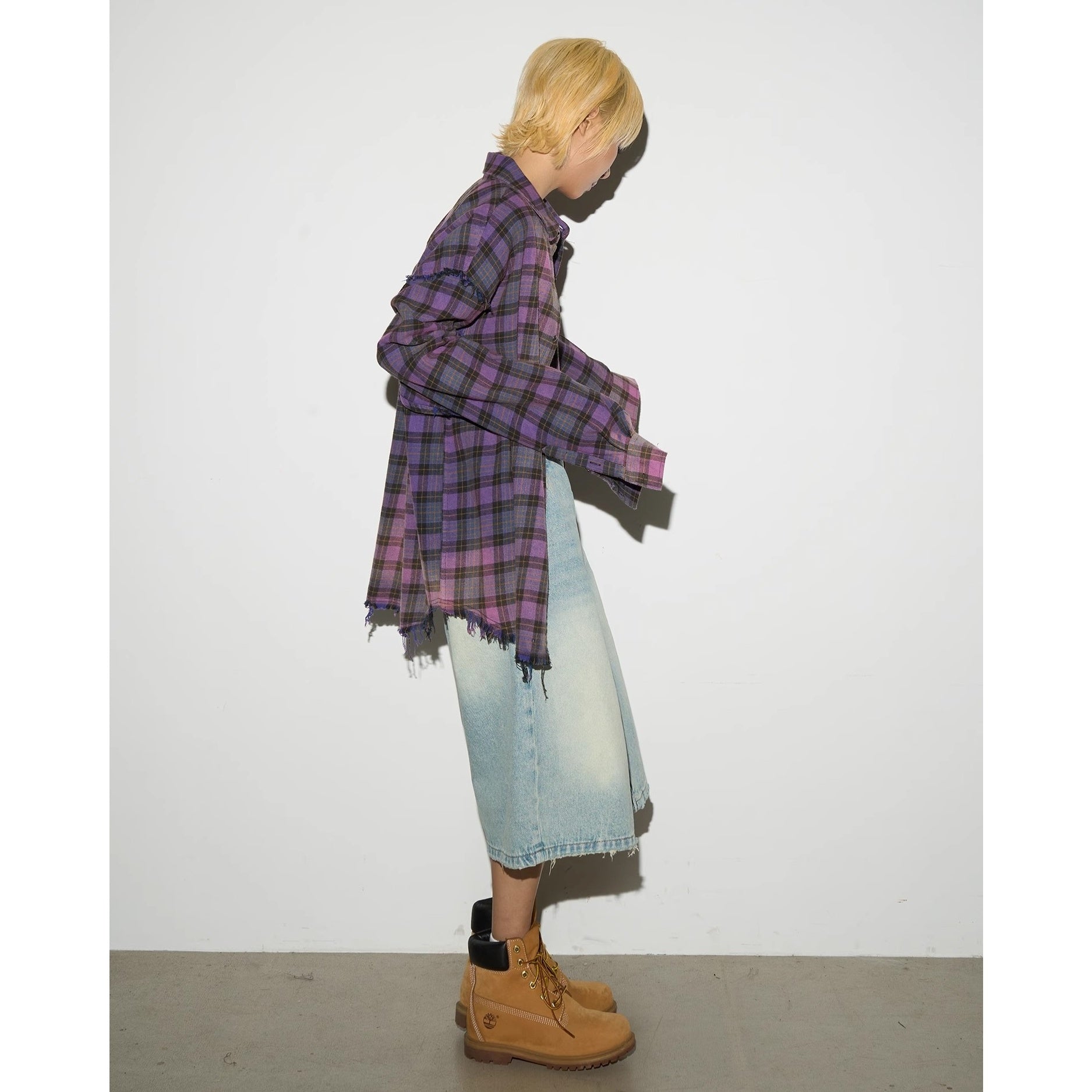Washed Distressed Plaid Long-sleeved Shirt MN9035