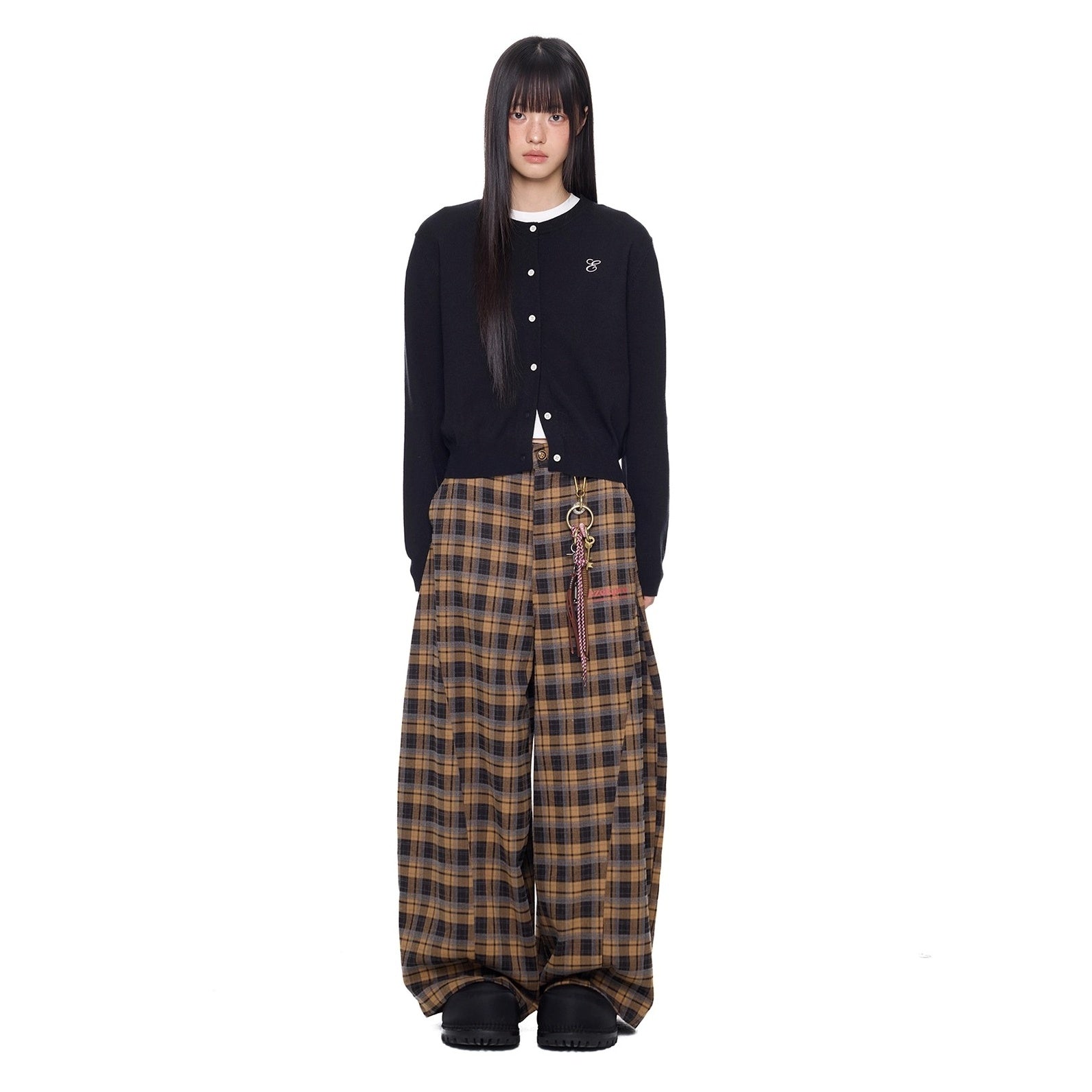 Retro Plaid Switching Wide Curve Pants EZ268
