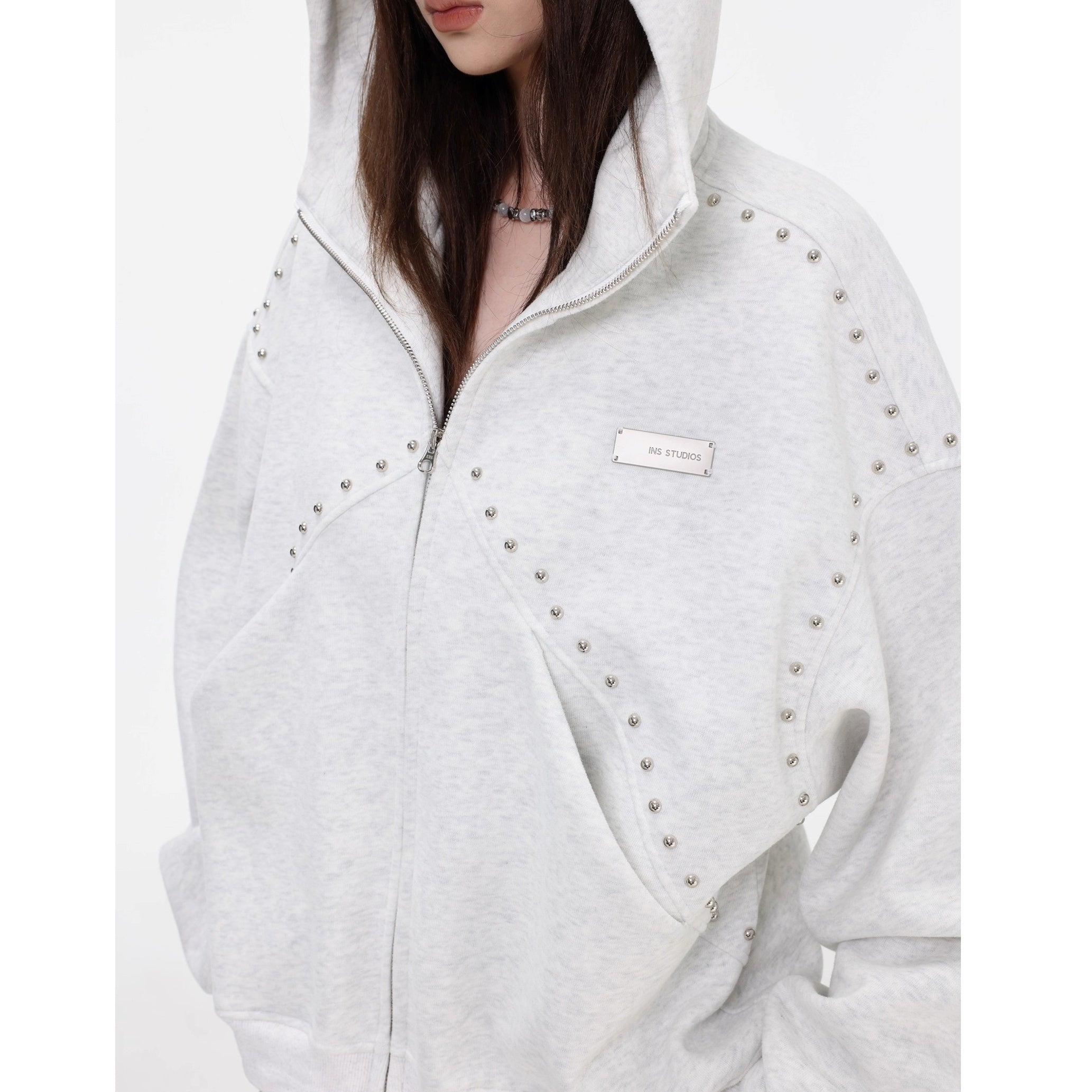 Stitched Rivet Zipper Hooded Jacket IN7016