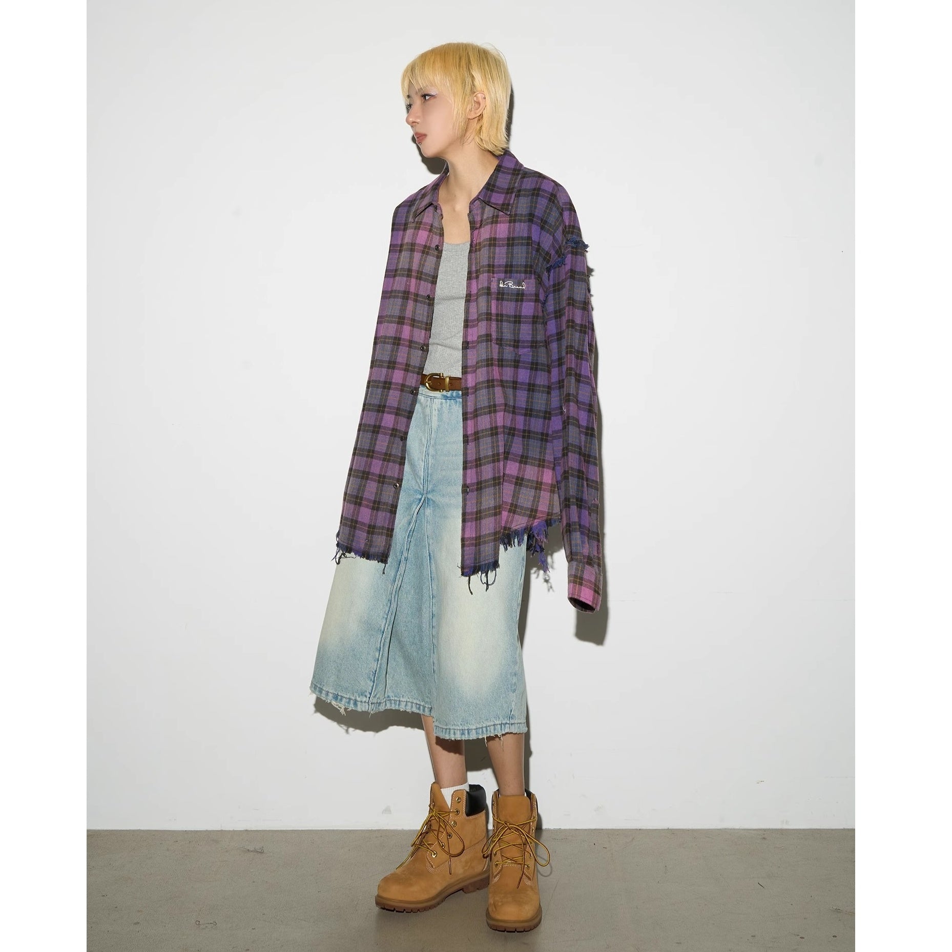 Washed Distressed Plaid Long-sleeved Shirt MN9035