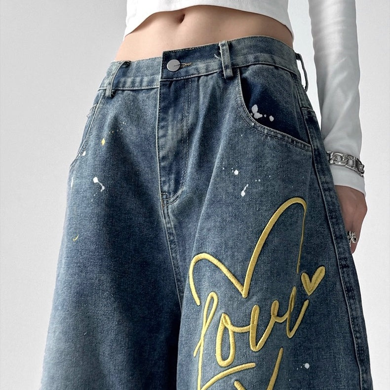 Ink-splashed Heart Embroidered Loose Jeans MW10226