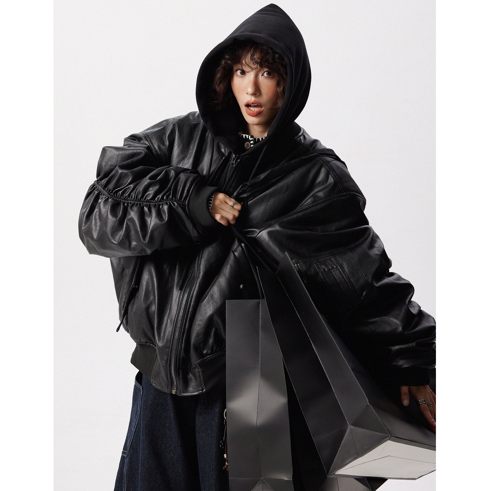 Fake Layered Design Hooded PU Leather Jacket MW10297