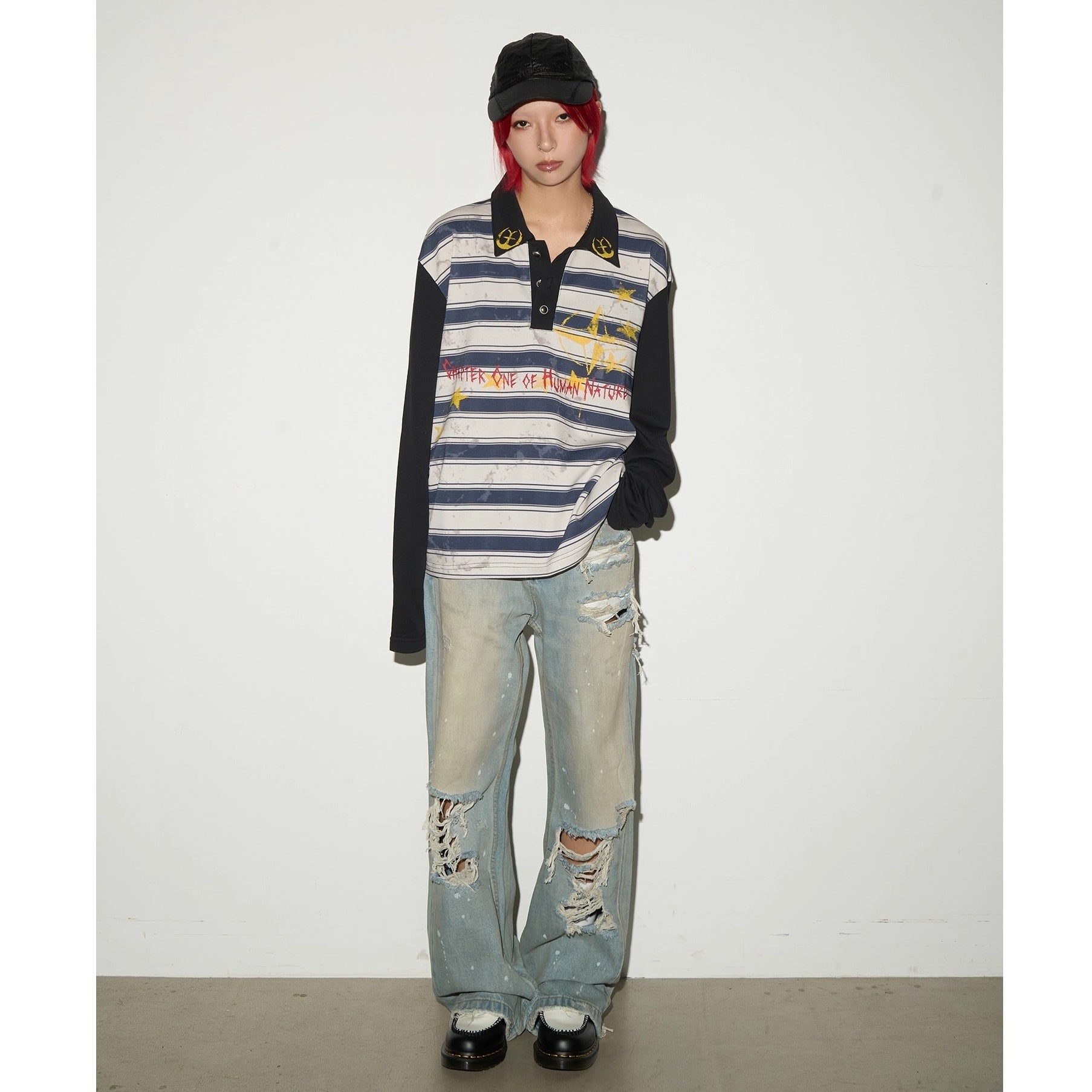 Dirty Layers Print Border Polo Collar T-shirt MN9025