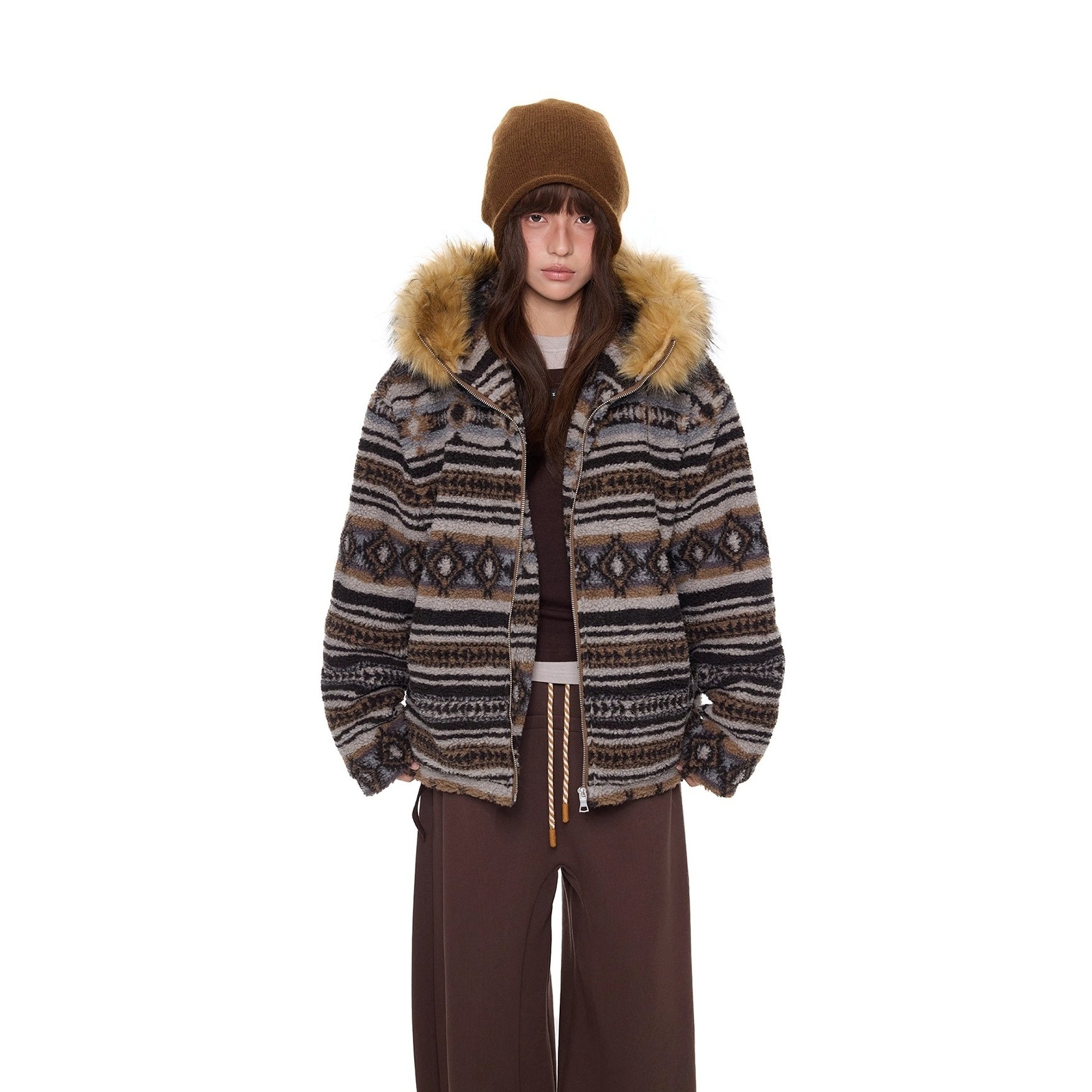 Ethnic Pattern Fur Collar Hooded Jacket EZ280