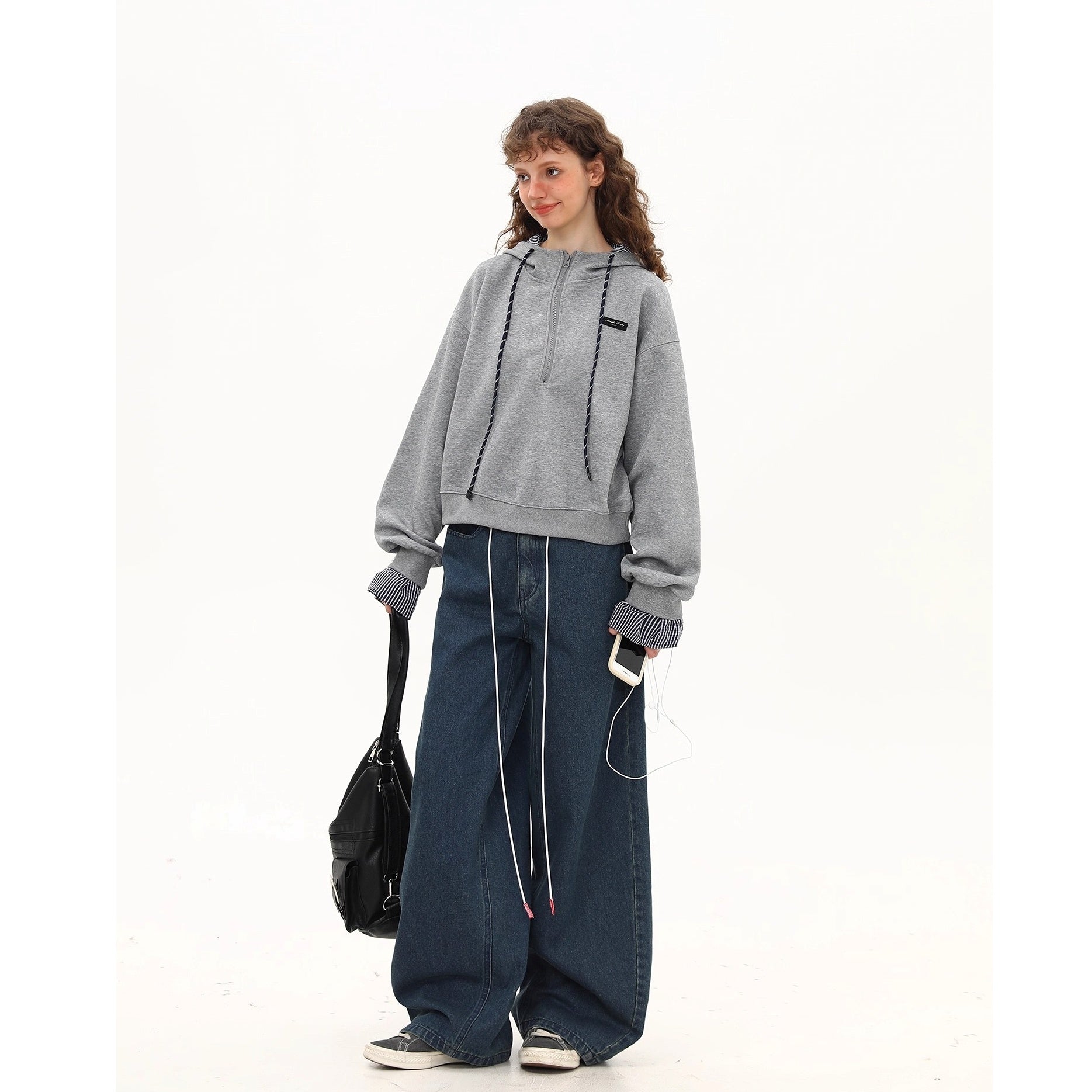 Plaid Spliced Half-zip Short Hoodie MW10263