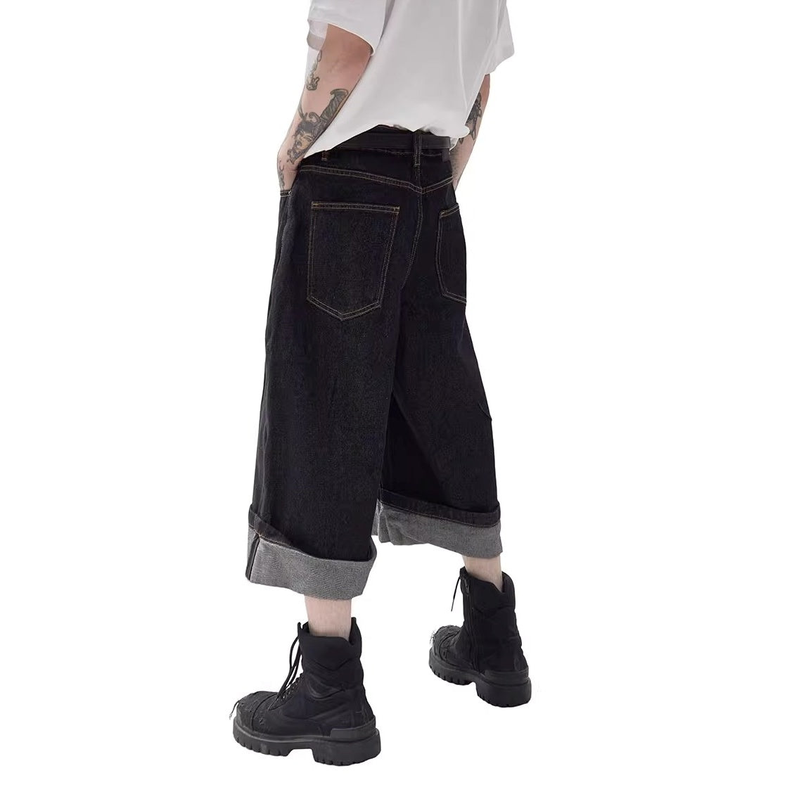Turned-up Wide-leg Denim Half Pants MW10216