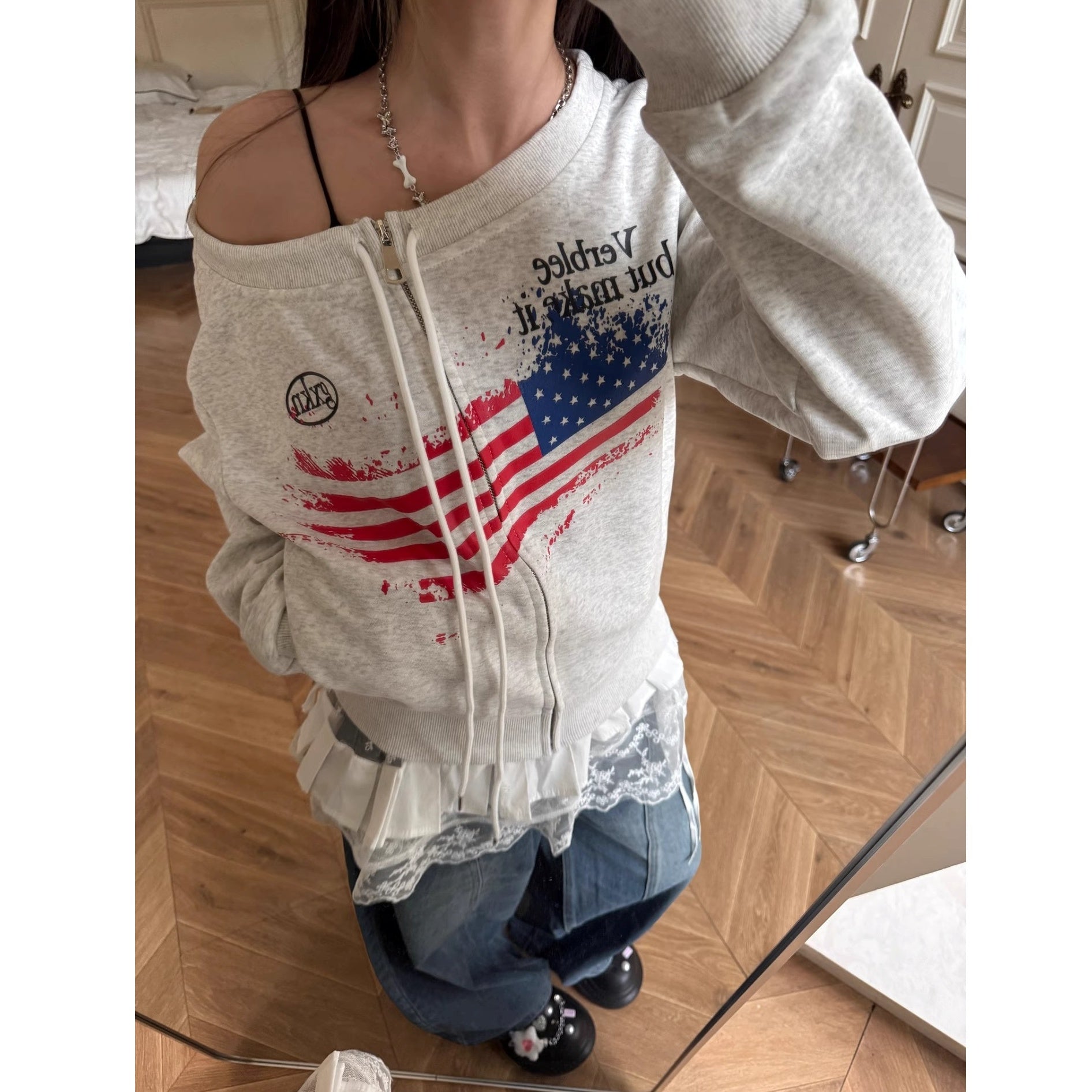 American Letter Print Zipper Sweat Cardigan MW10267
