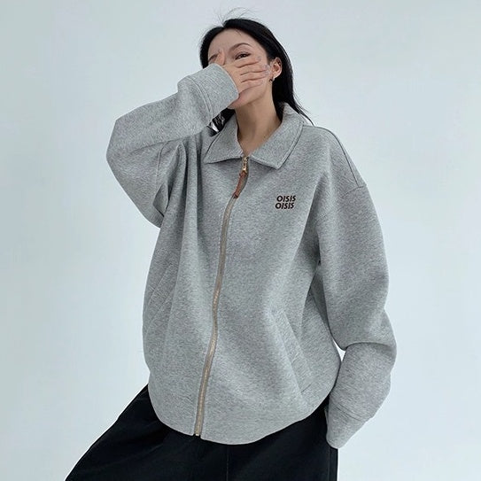 Drop Shoulder Embroidered Lapel Sweat Jacket OS2040
