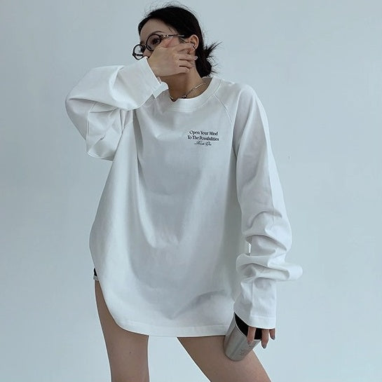 Relaxation Lazy Letter Print Long-sleeved T-shirt OS2036