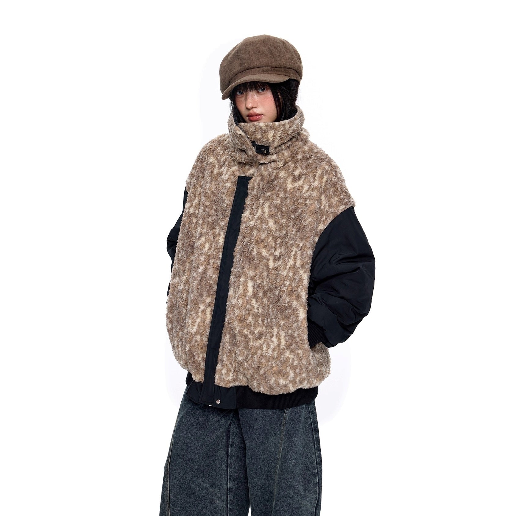 Fluffy Contrasting Lapels Reversible Jacket EZ283