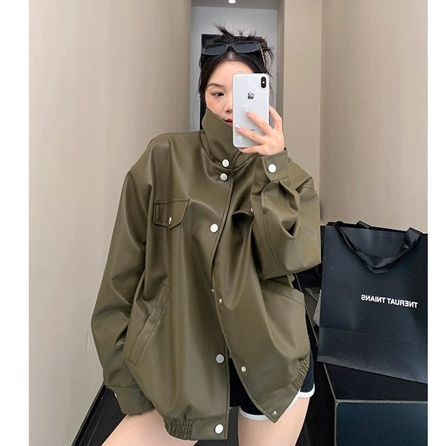 High-Neck PU Leather Jacket OS2046