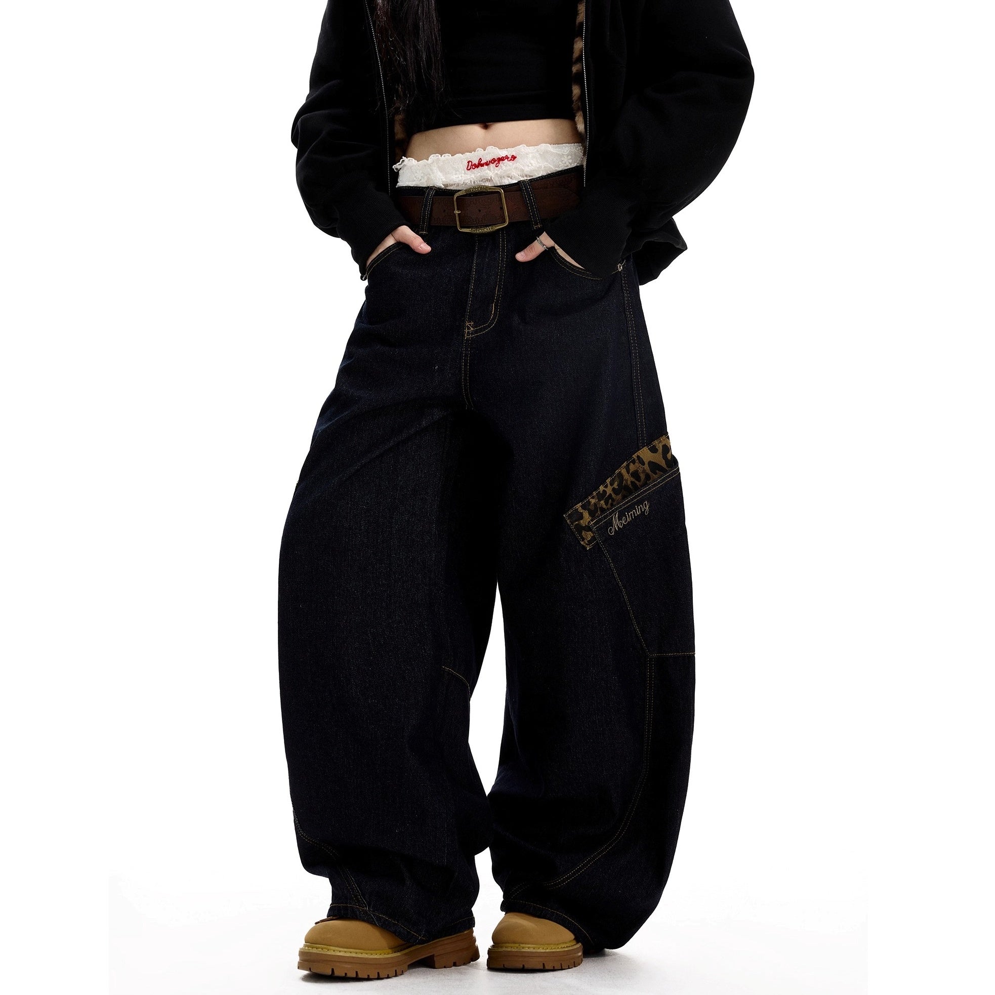 Leopard Print Stitching Large Pocket Design Curve Jeans MW10300